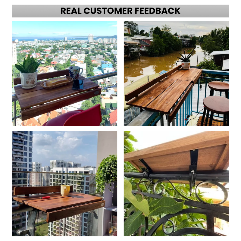 Acacia Wood Balcony Bar Table – Ultra-Stable Outdoor Railing Table – Universal Fit for Round & Flat Railings – Weather-Resistant Hanging Desk – Outdoor Bar Top for Apartment, Patio & Deck