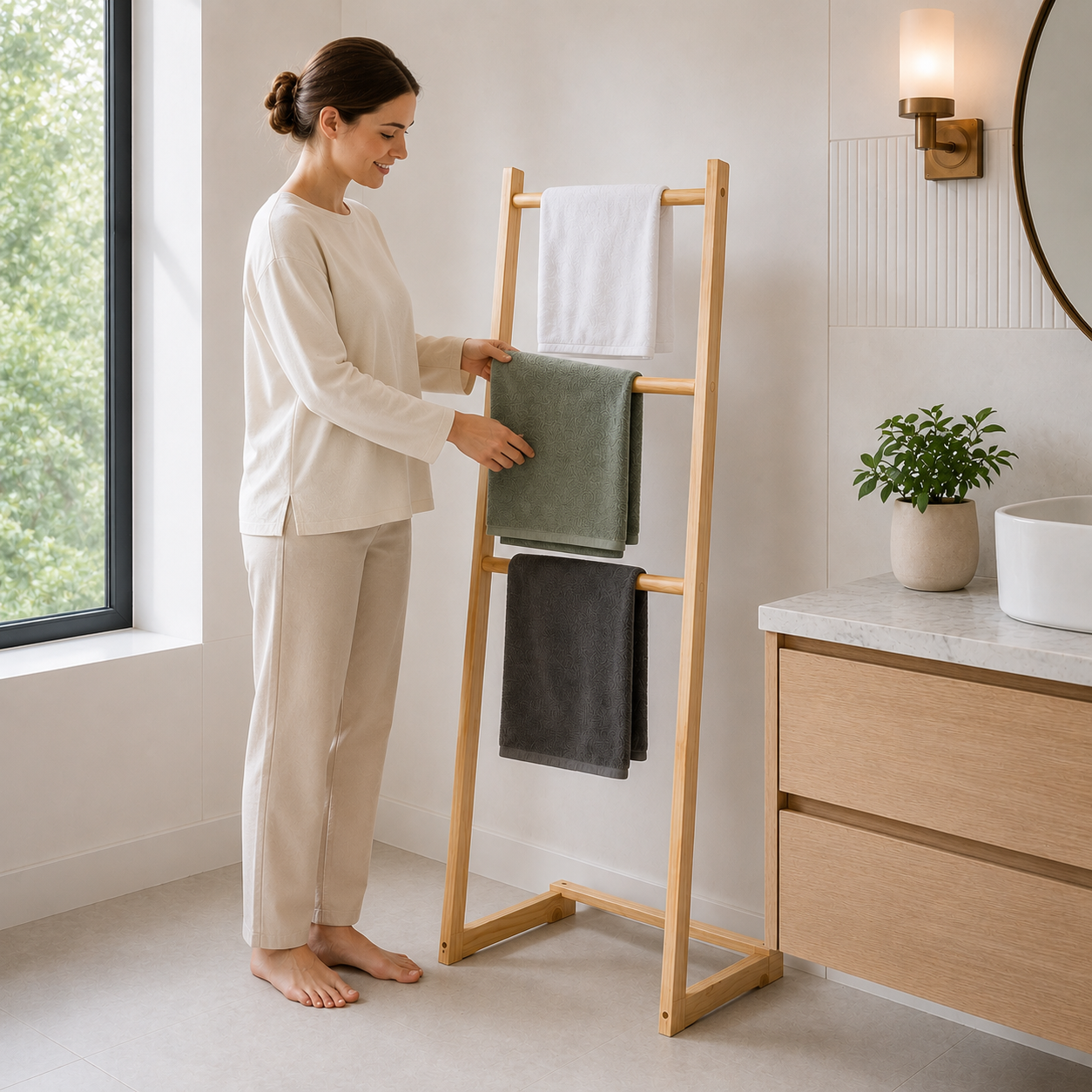 3-Tier Freestanding Towel Rack for Bathroom – Waterproof Solid Pine Wood Blanket Ladder Shelf – Anti-Mold Storage Organizer Stand for Bath Towels, Toiletries & Spa Decor