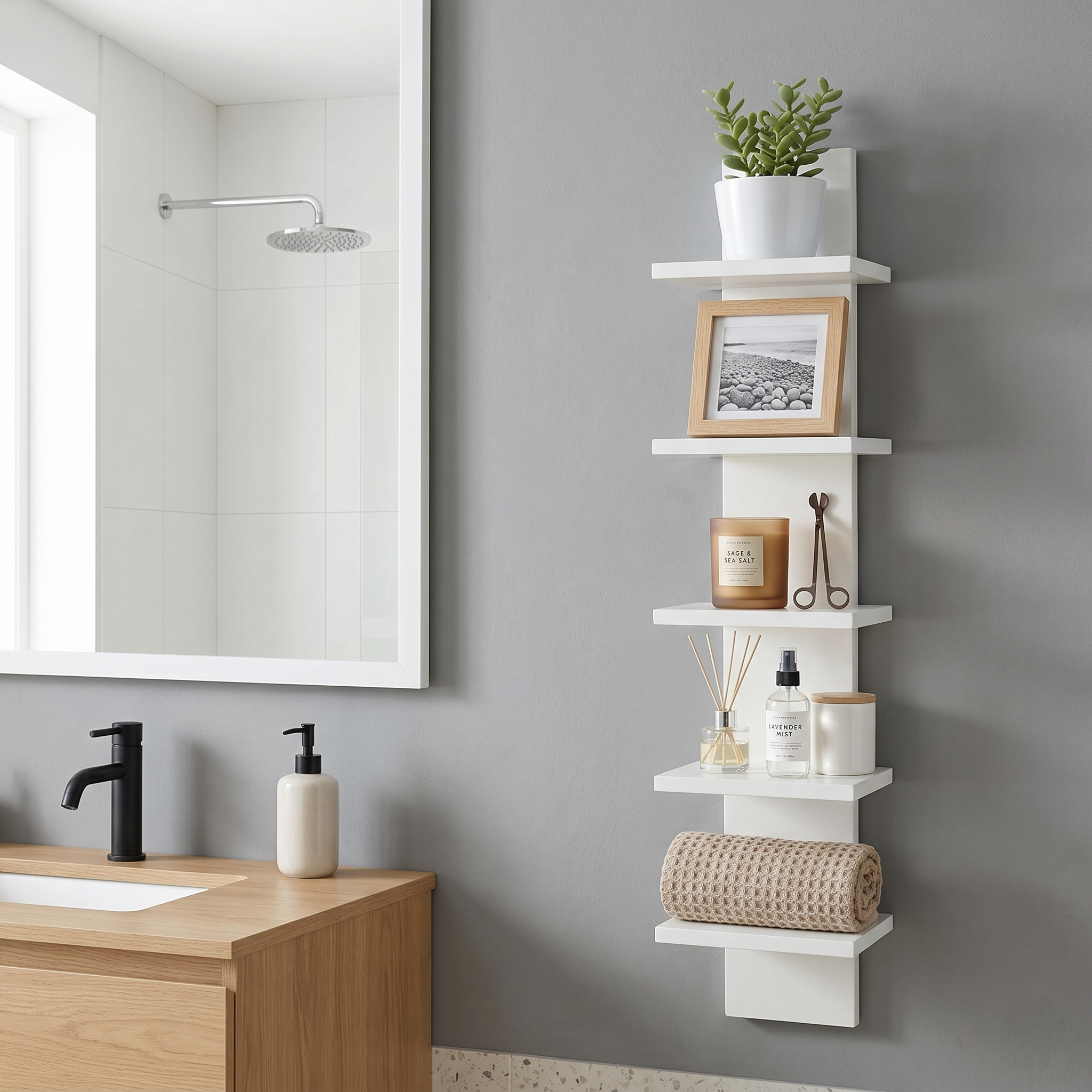 5-Tier Wall Mounted Floating Shelf – MDF Wood Display Rack with Scratch-Resistant Melamine Finish – Vertical Storage Organizer Bookshelf for Living Room, Bedroom & Office, White