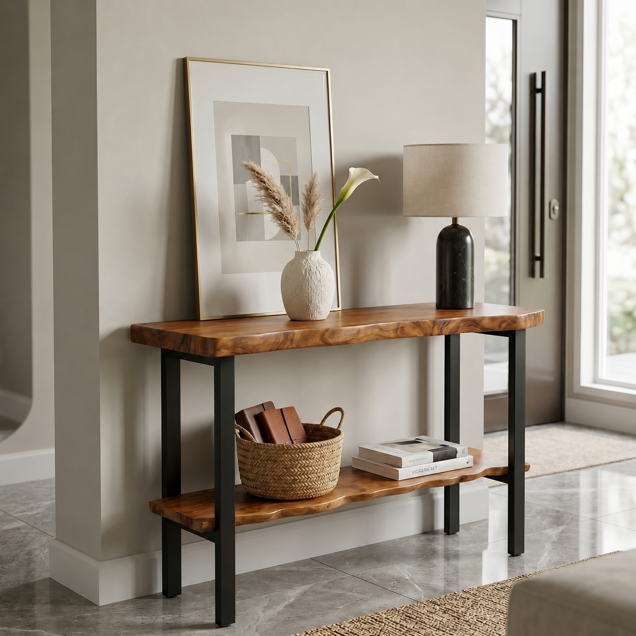 2-Tier Live Edge Solid Wood Console Table 40 Inch – 2-Inch Ultra Thick Slab Entryway Table with Storage Shelf – Modern Foyer Table with Industrial Metal Legs – Luxury Hallway & Sofa Side Table