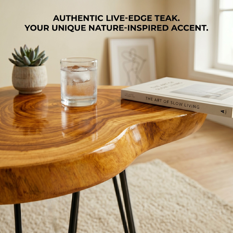 Live Edge Round Wood End Table – Solid Wood Side Table with Mid-Century Hairpin Legs – Unique Handmade Nightstand, Plant Stand for Bedroom, Living Room & Studio Decor