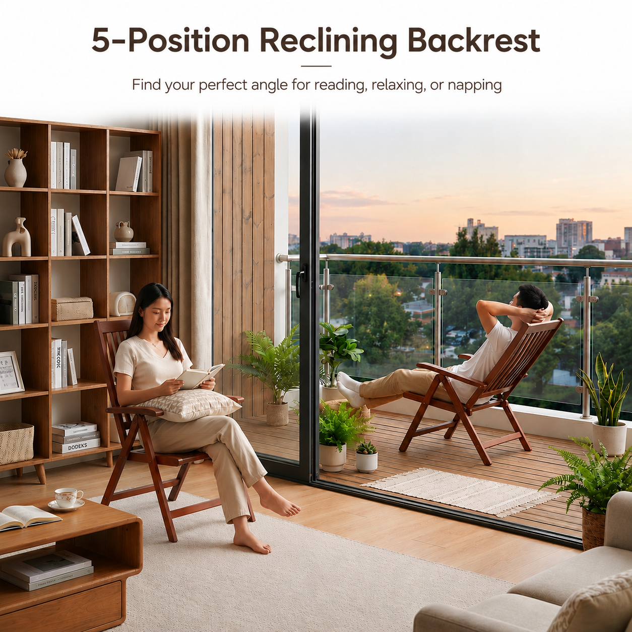 5-Position Adjustable Wooden Reclining Chair – Premium Solid Wood Folding Lounge Chair with Armrests – Heavy-Duty Recliner for Luxury Patio, Garden, Homestay & Balcony