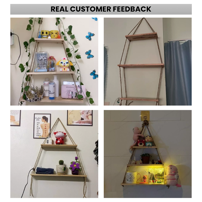 Hanging Wall Shelf – 3 Tier Handmade Cotton Rope Floating Shelves – Rustic Wood Decorative Storage Shelving for Living Room, Nursery, Bedroom & Bathroom – Display for Plants & Photos