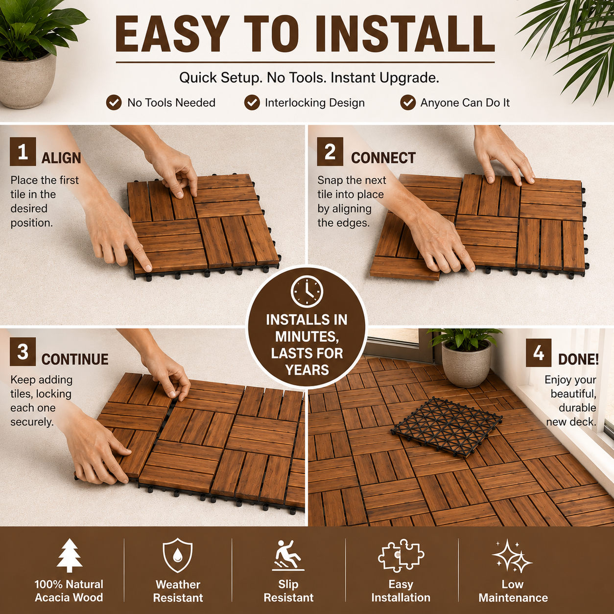 Premium Acacia Wood Deck Tiles – 12"x12"x0.9" Interlocking Patio Flooring in Golden Teak – Waterproof Crossed Pattern Wooden Pavers for Balcony, Backyard, Indoor & Outdoor