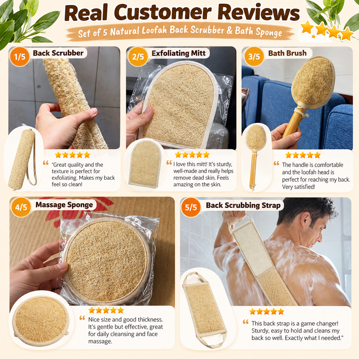 Set of 5 Natural Loofah Back Scrubber & Bath Sponge – Exfoliating Body Scrubber