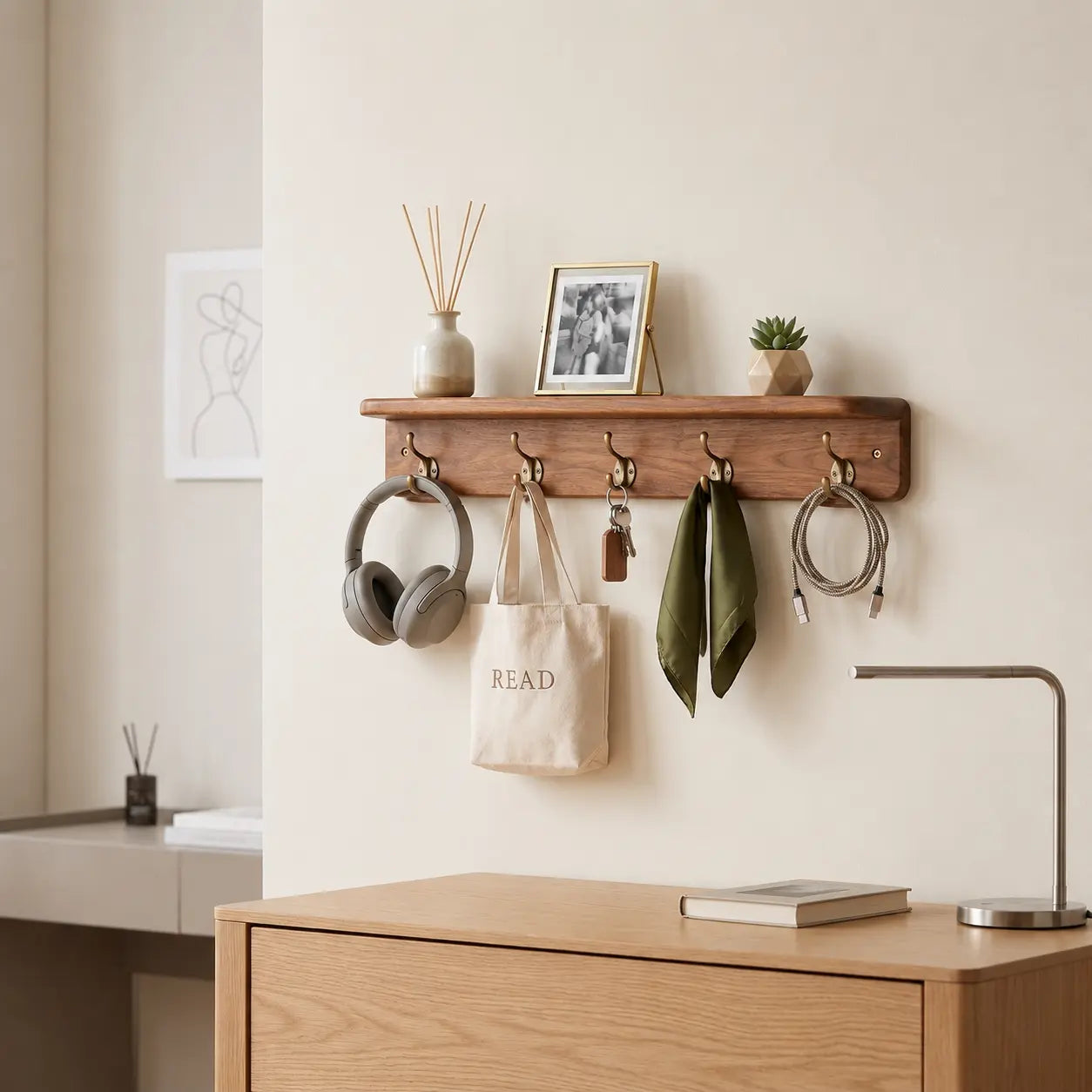 Wall Mounted Coat Rack with Storage Shelf – 31.5 Inch Solid Wood Entryway Organizer – Decorative Hanging Rail with 5 Hooks for Coats, Hats, Keys & Towels – Hallway, Bathroom & Mudroom Kikbo