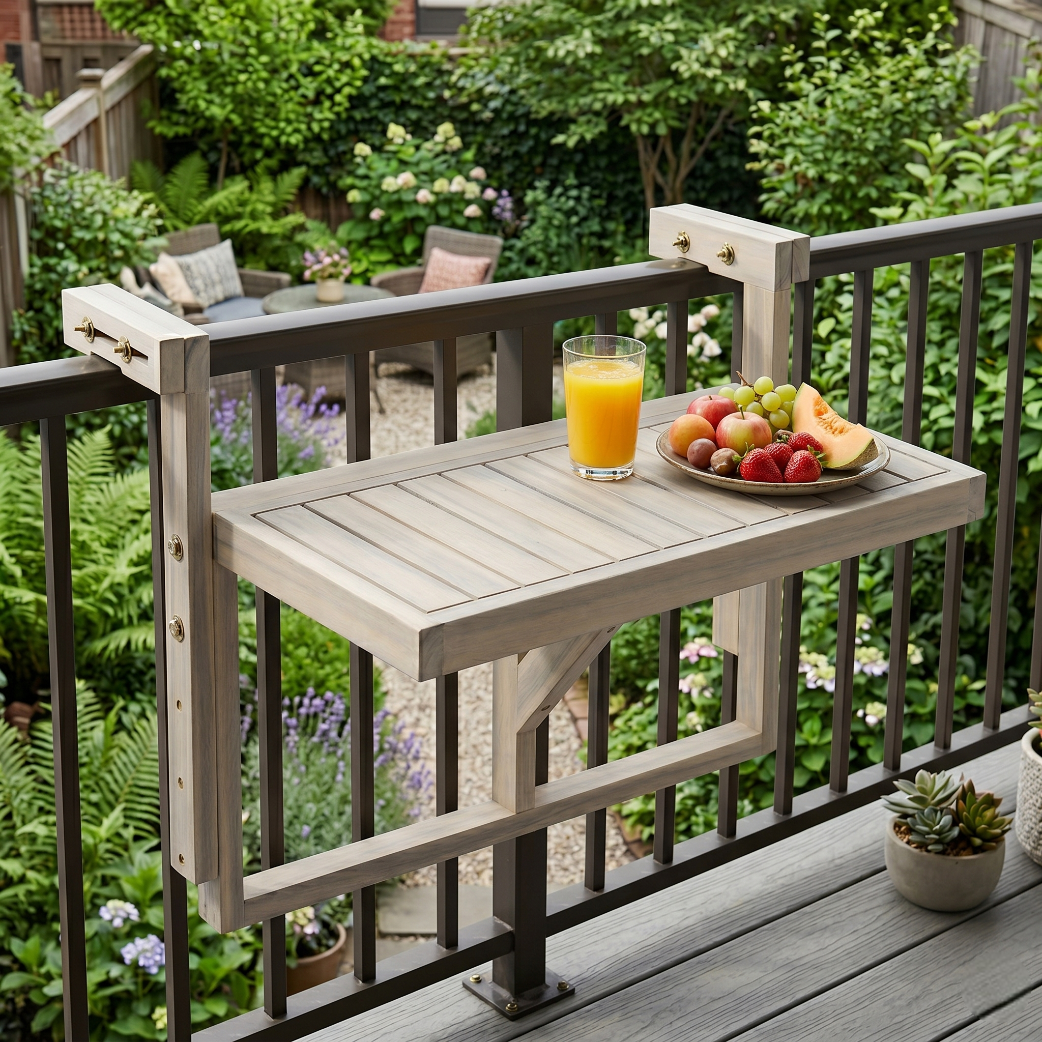 Acacia Wood Folding Balcony Hanging Table – Weather-Resistant Outdoor Railing Table – Adjustable Height & Width – Portable Deck Table for Small Balcony, Patio, and Porch – Rectangular