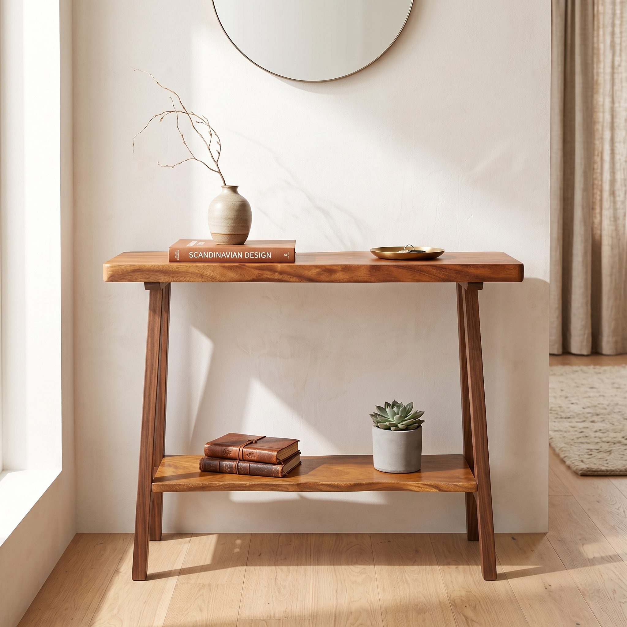2-Inch Thick Live Edge Solid Wood Console Table – 2-Tier Entryway Table with Storage Shelf – Industrial V-Shaped Metal Legs Sofa Table for Living Room & Hallway Decor