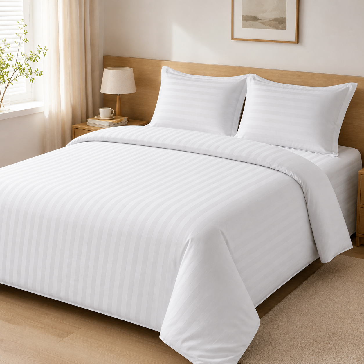 Cotton Bedding Set – 4-Piece Duvet Cover & Sheet Set, Striped White