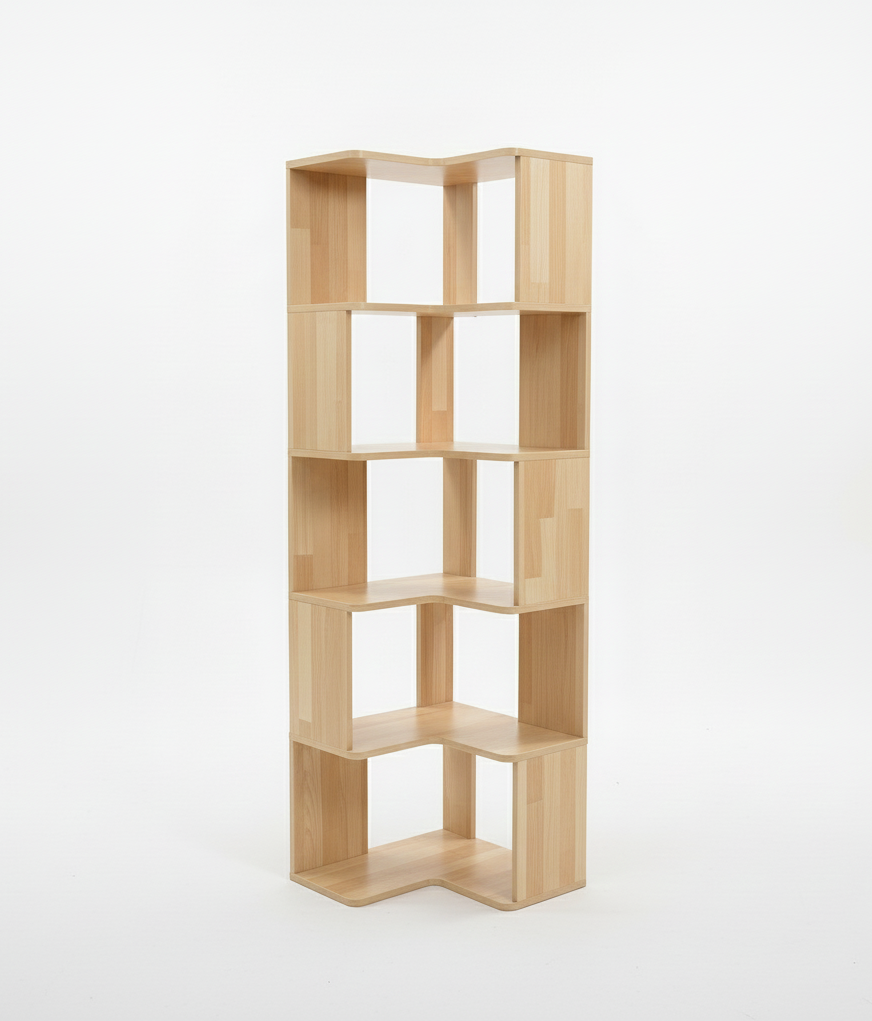 35 units 90-Degree Corner Wooden Bookshelf – 5-Tier Walnut Veneer Standing Storage Rack for Living Room or Office, 15.7 x 15.7 x 59.1 in (400 x 400 x 1500 mm)