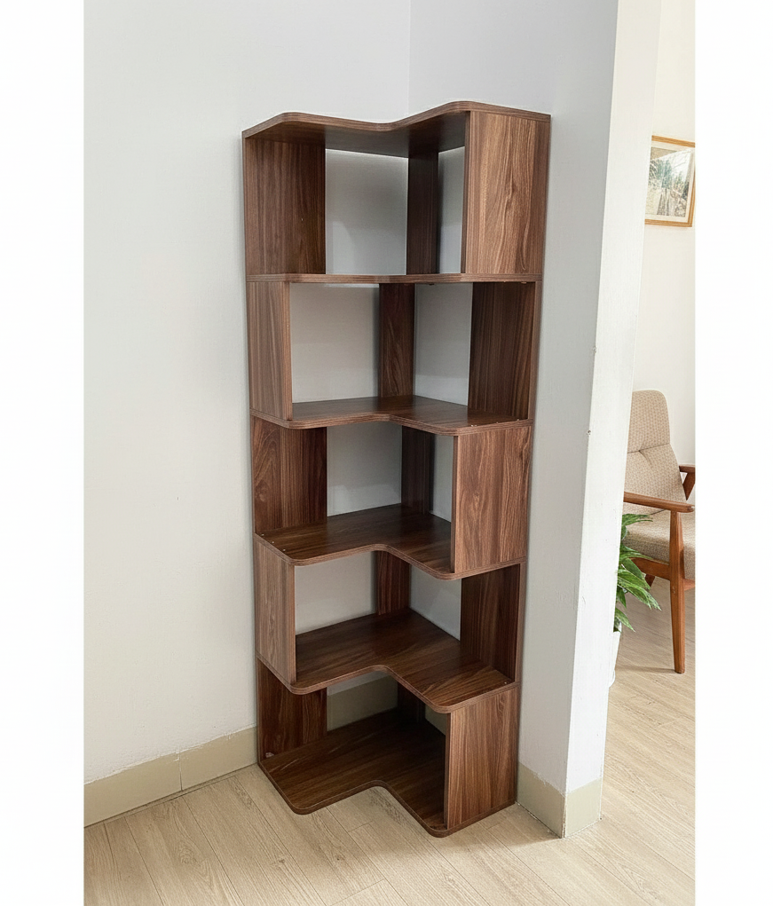 35 units 90-Degree Corner Wooden Bookshelf – 5-Tier Walnut Veneer Standing Storage Rack for Living Room or Office, 15.7 x 15.7 x 59.1 in (400 x 400 x 1500 mm)