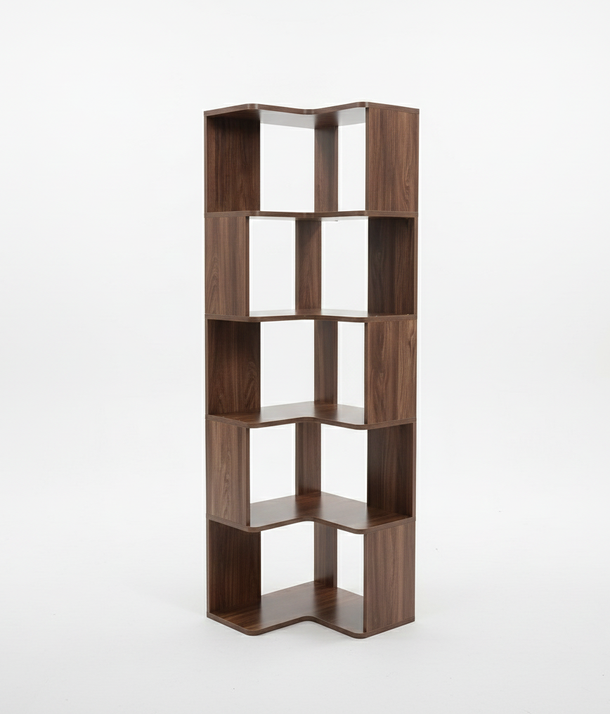 35 units 90-Degree Corner Wooden Bookshelf – 5-Tier Walnut Veneer Standing Storage Rack for Living Room or Office, 15.7 x 15.7 x 59.1 in (400 x 400 x 1500 mm)