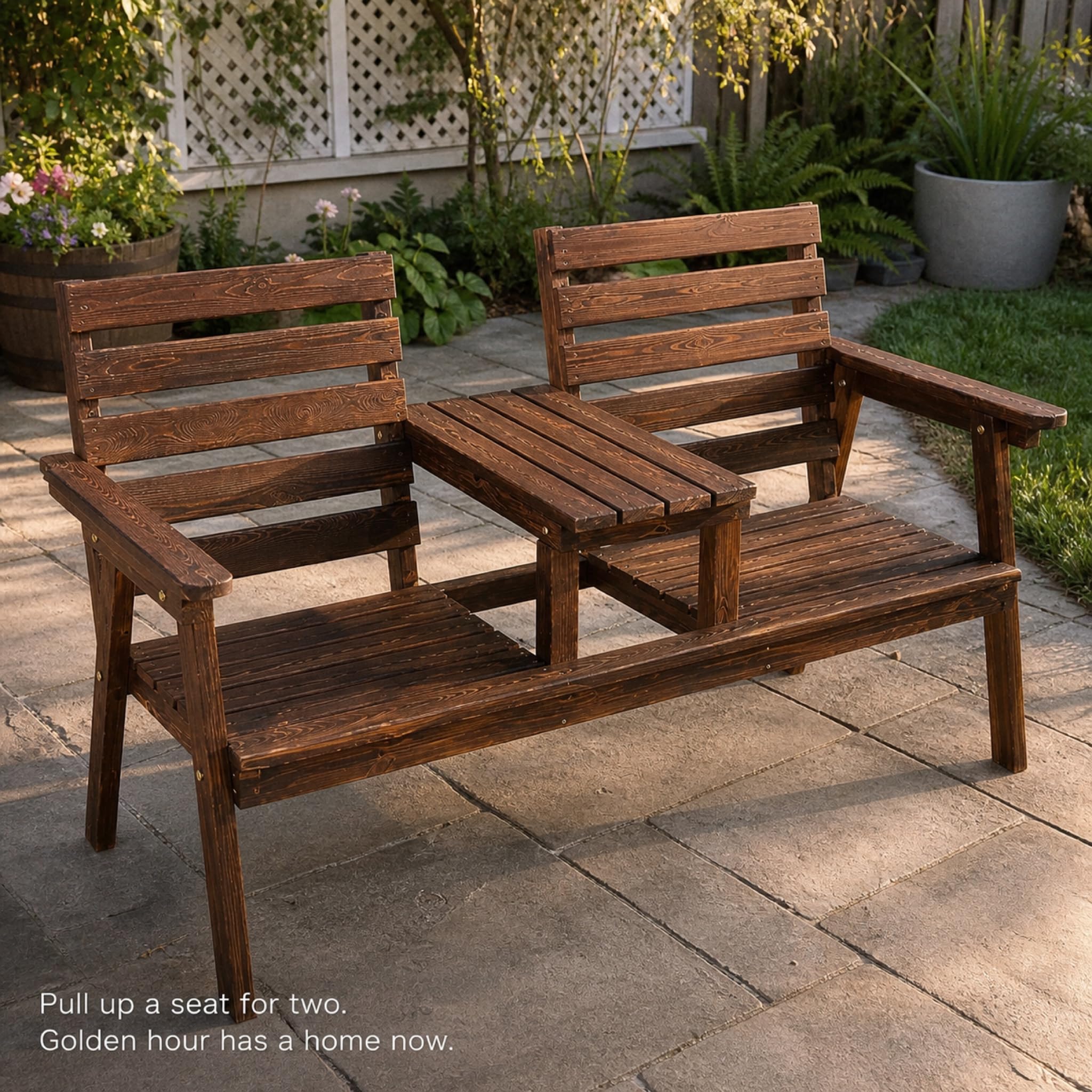 Outdoor Garden Bench and Tea Table Set - Pine Wood Patio Balcony Furniture with Backrest - Weatherproof PU Coating - 62 Inch Classic Brown
