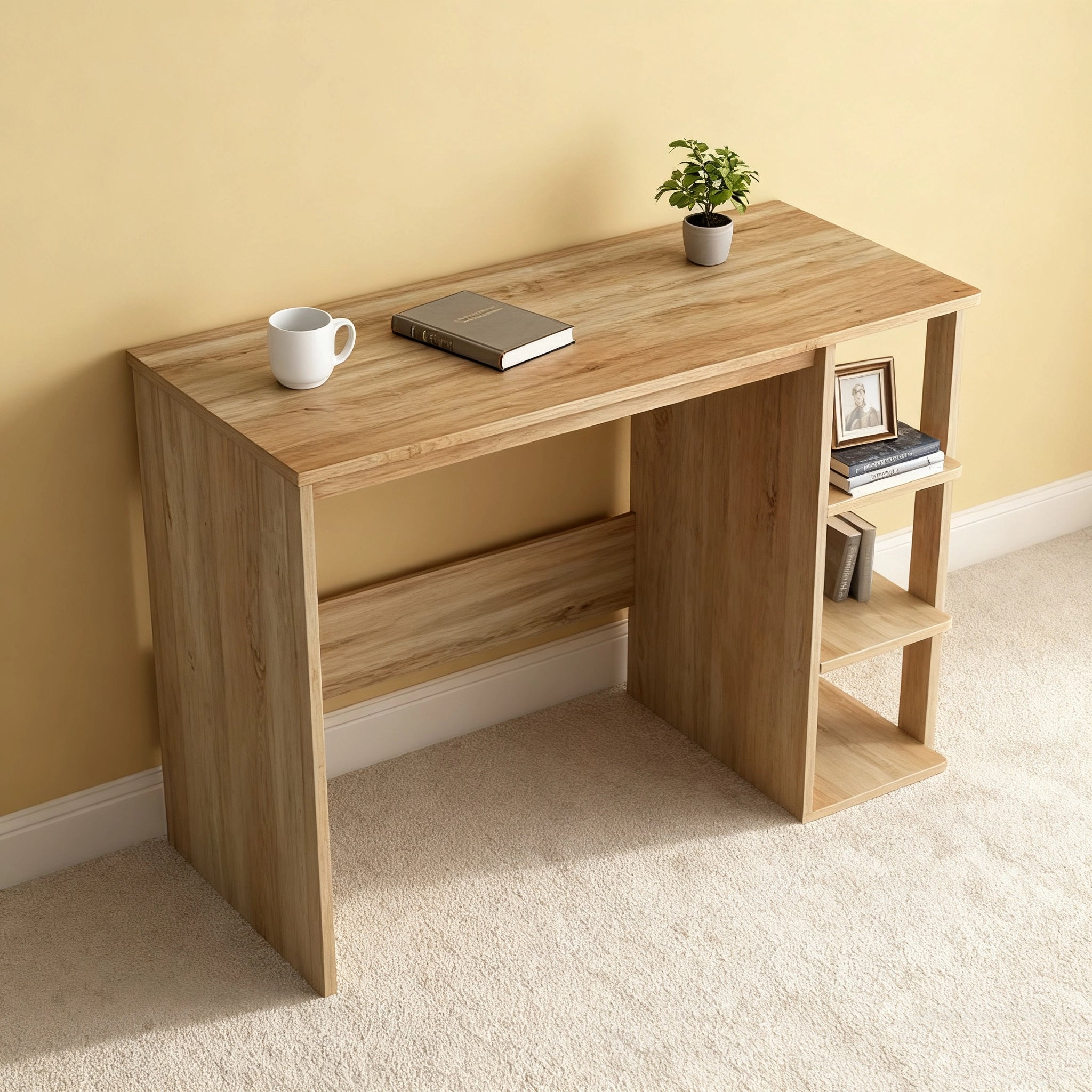 Study Desk with Bookshelf – Compact MDF Office Table with 3 Storage Shelves, Space-Saving Modern Design
