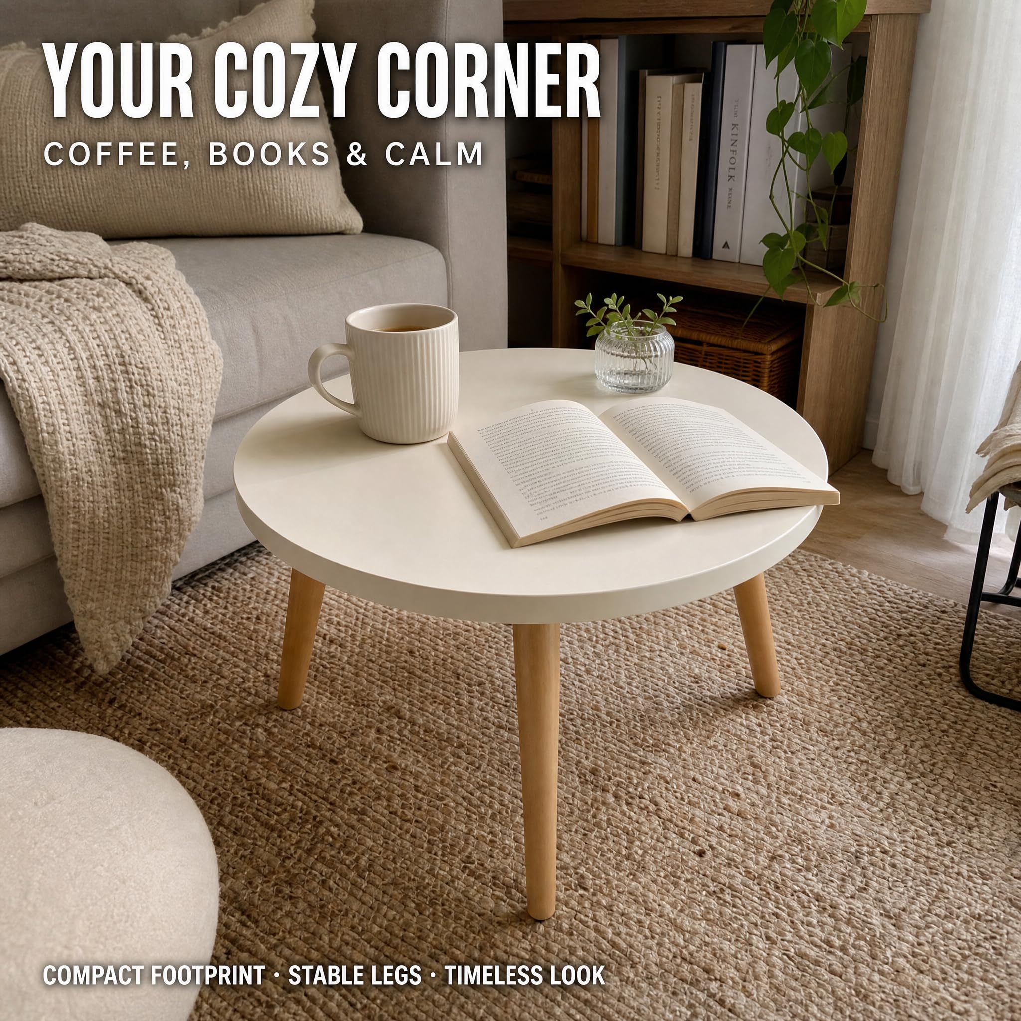 Round Coffee Table, 23.6" Modern Accent Tea Table with Wood Legs, Small Center Table for Living Room, Bedroom, Apartment, Easy Assembly, White