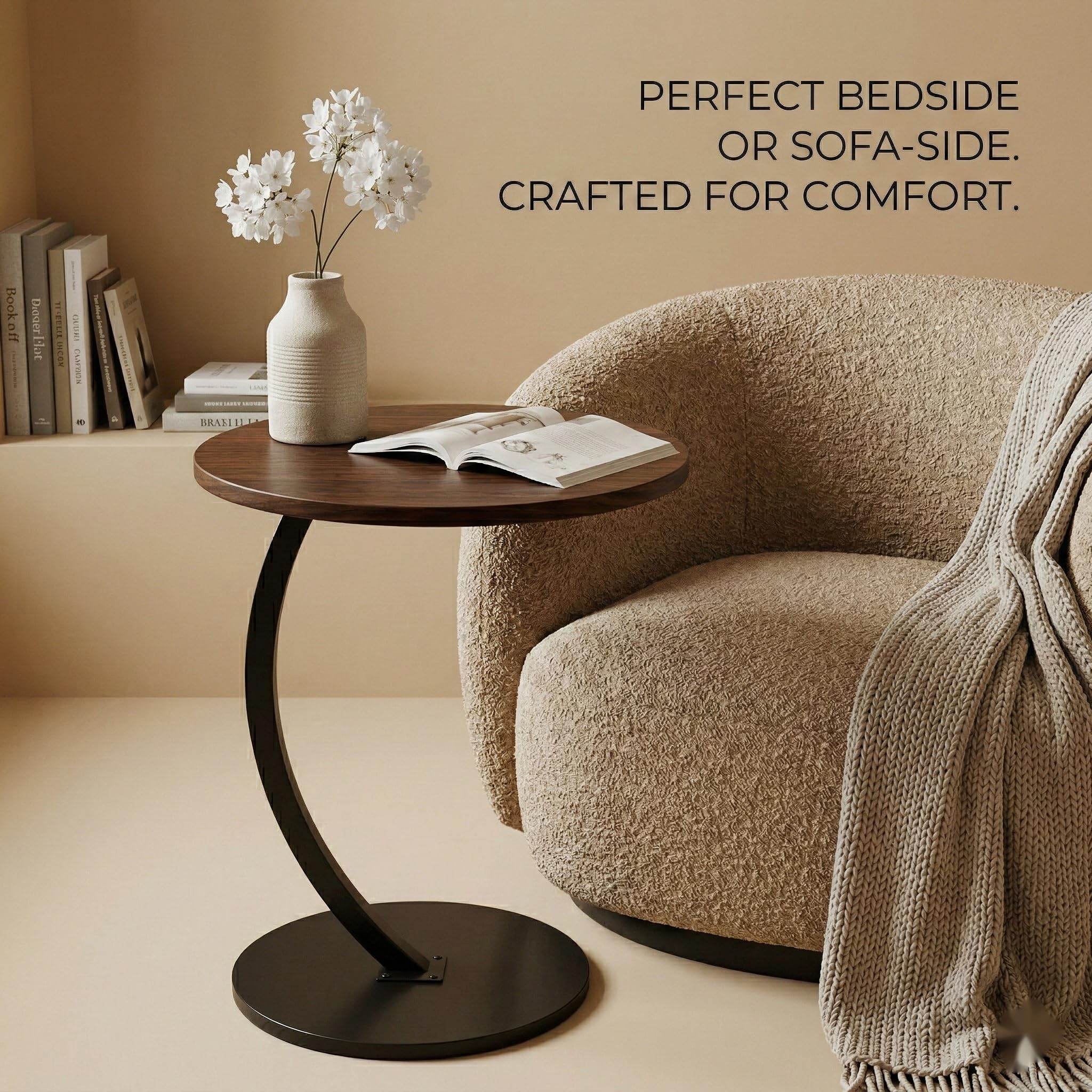 Modern Round C-Shaped Side Table, Small End Table for Sofa, Space Saving Coffee Table for Living Room & Bedroom, MDF Top with Metal Frame