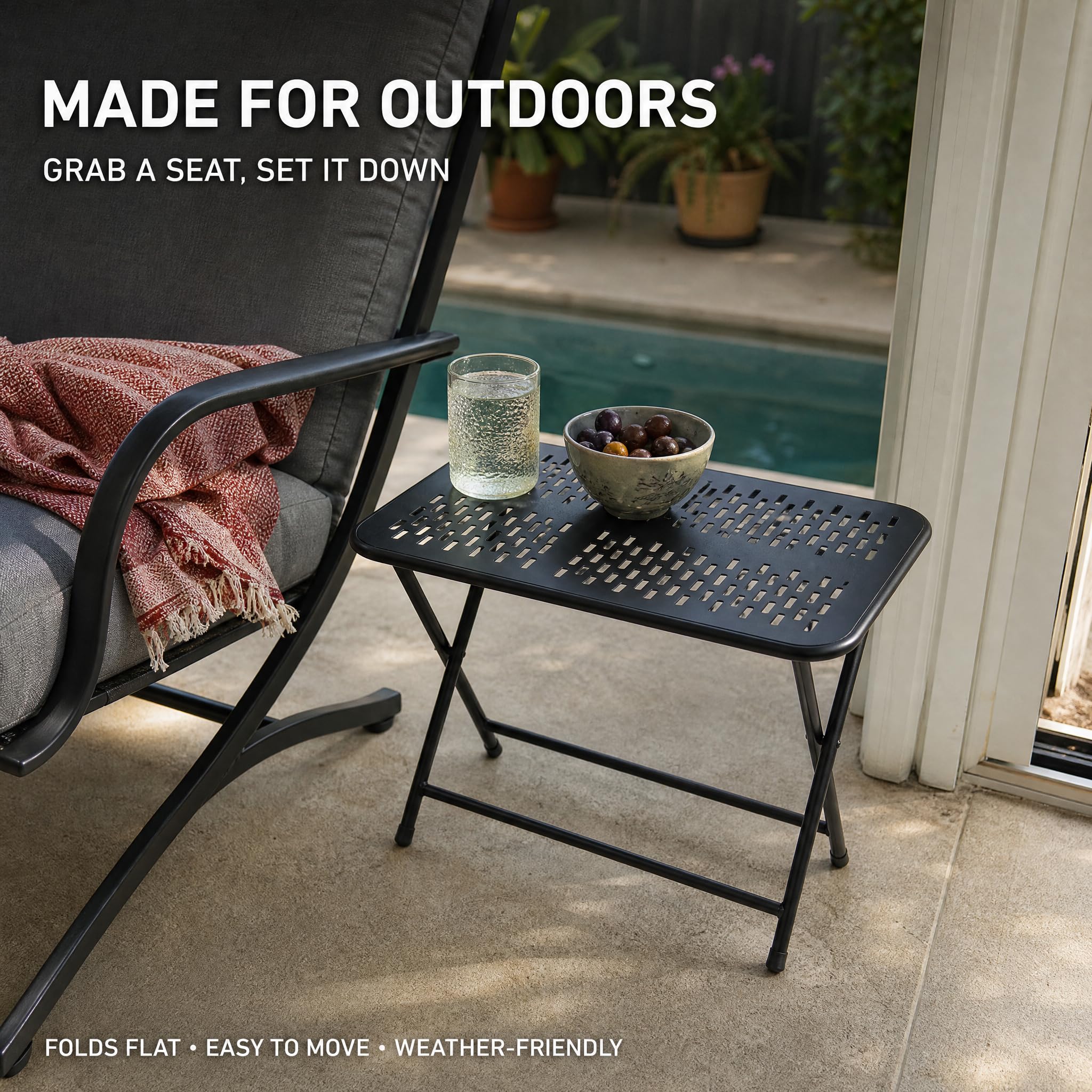 Folding Metal Side Table, Portable Outdoor Patio Coffee Table with Powder-Coated Steel Frame, Lightweight Camping Picnic Accent Table for Garden, Balcony, Backyard, Black
