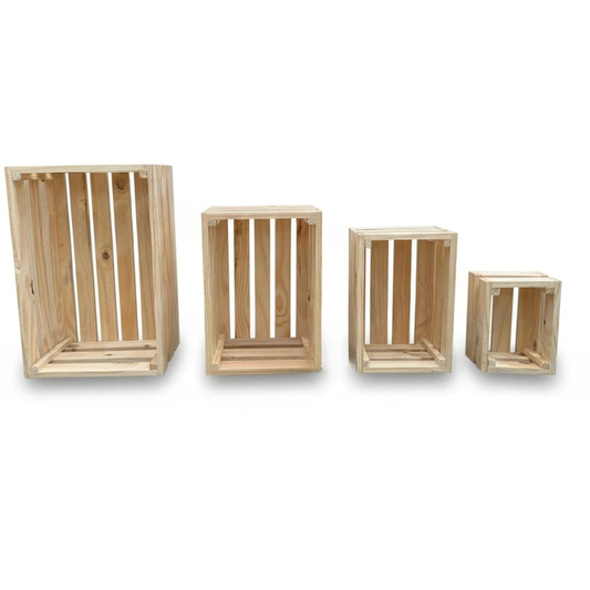 Set of 4 Pine Wood Storage Crates - Assorted Sizes