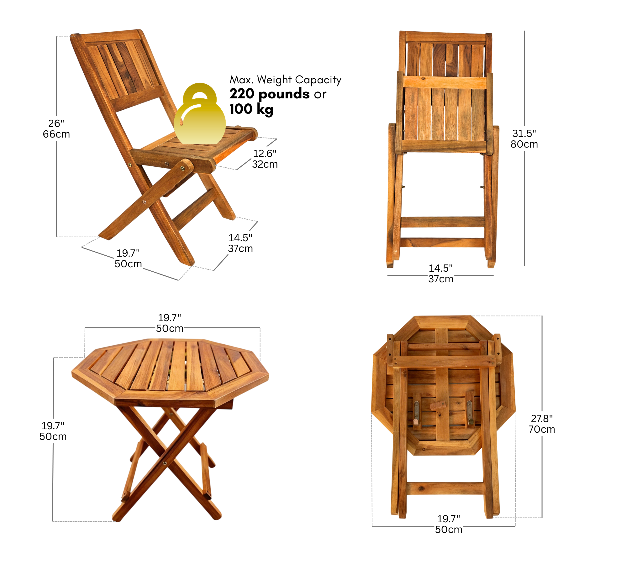 Foldable Outdoor Bistro Set – Acacia Wood Table & 4 Mini Chairs, Compact Patio Furniture for Balcony, Garden, Deck, Small Outdoor Spaces, Weather-Resistant, Ready-to-Use