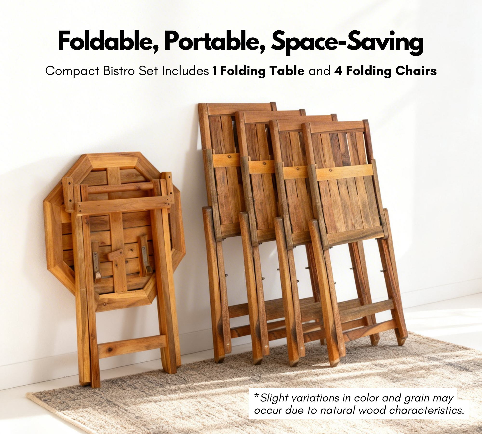 Foldable Outdoor Bistro Set – Acacia Wood Table & 4 Mini Chairs, Compact Patio Furniture for Balcony, Garden, Deck, Small Outdoor Spaces, Weather-Resistant, Ready-to-Use