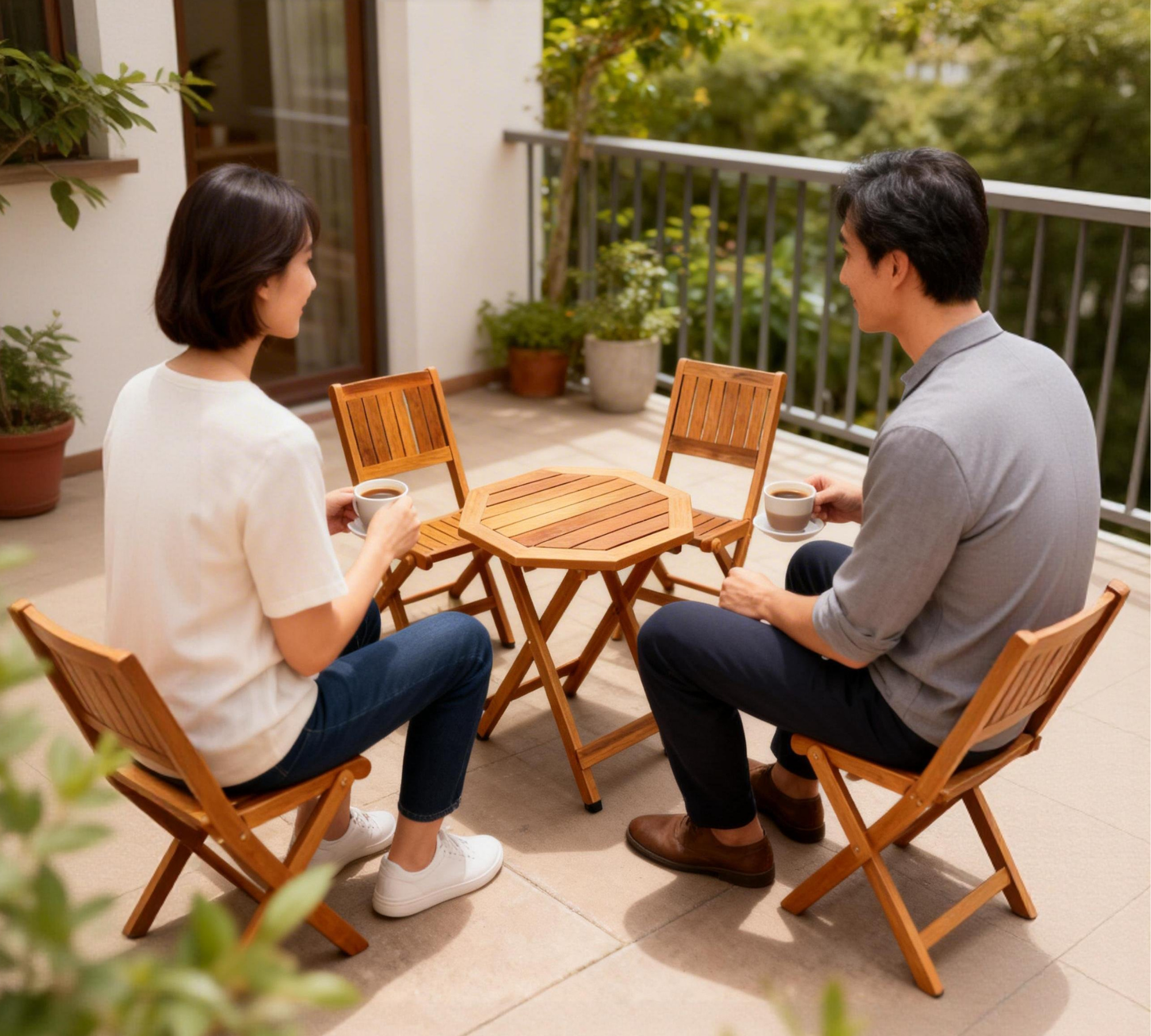 Foldable Outdoor Bistro Set – Acacia Wood Table & 4 Mini Chairs, Compact Patio Furniture for Balcony, Garden, Deck, Small Outdoor Spaces, Weather-Resistant, Ready-to-Use