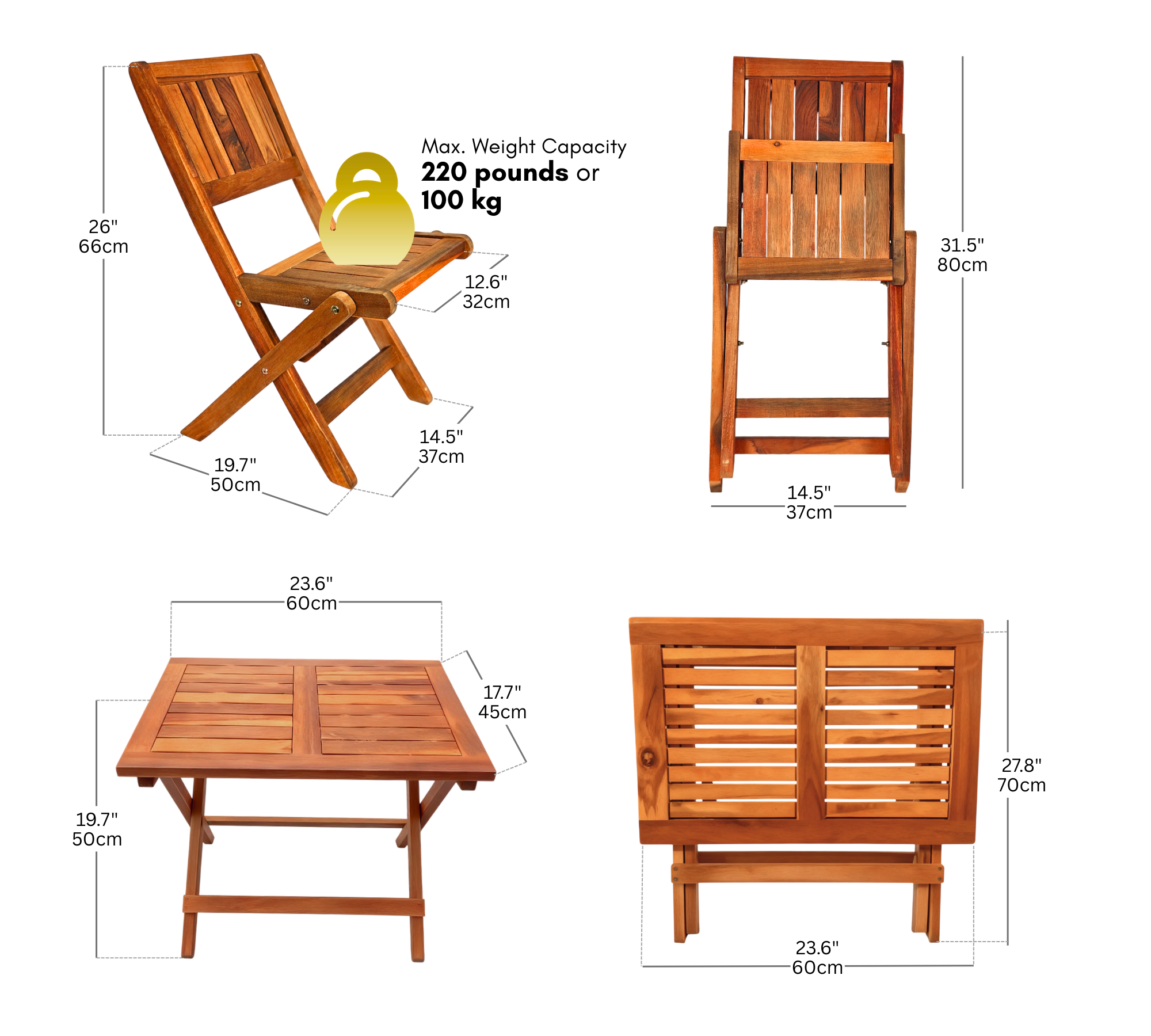 Foldable Outdoor Bistro Set – Acacia Wood Table & 4 Mini Chairs, Compact Patio Furniture for Balcony, Garden, Deck, Small Outdoor Spaces, Weather-Resistant, Ready-to-Use