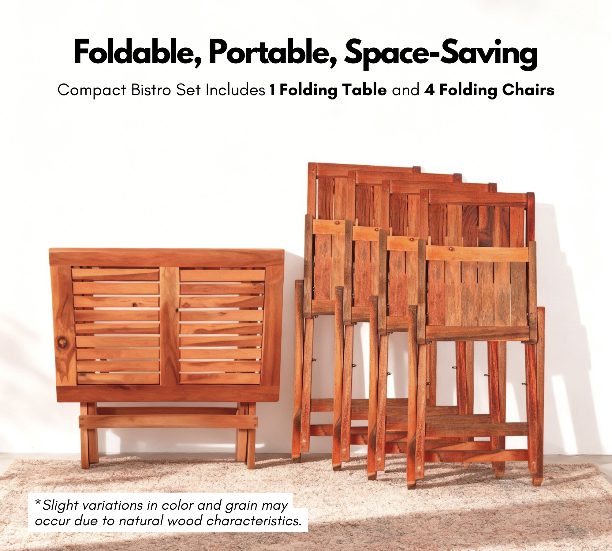Foldable Outdoor Bistro Set – Acacia Wood Table & 4 Mini Chairs, Compact Patio Furniture for Balcony, Garden, Deck, Small Outdoor Spaces, Weather-Resistant, Ready-to-Use