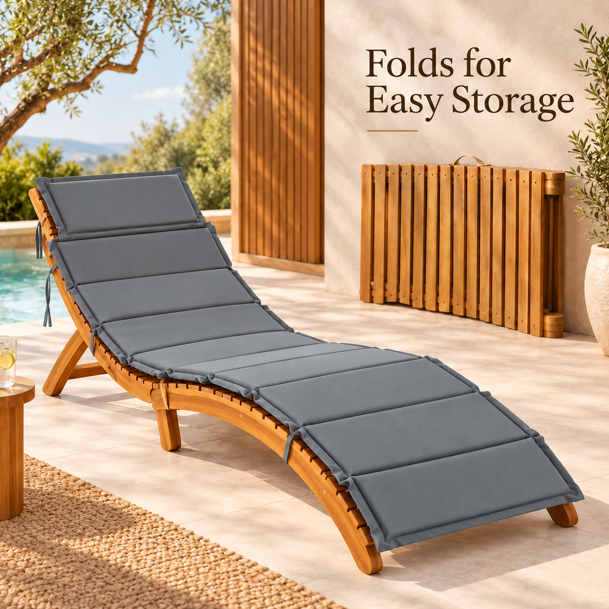 Sumba Wooden Curved Sun Lounger with Brown Cushion – Outdoor Chaise