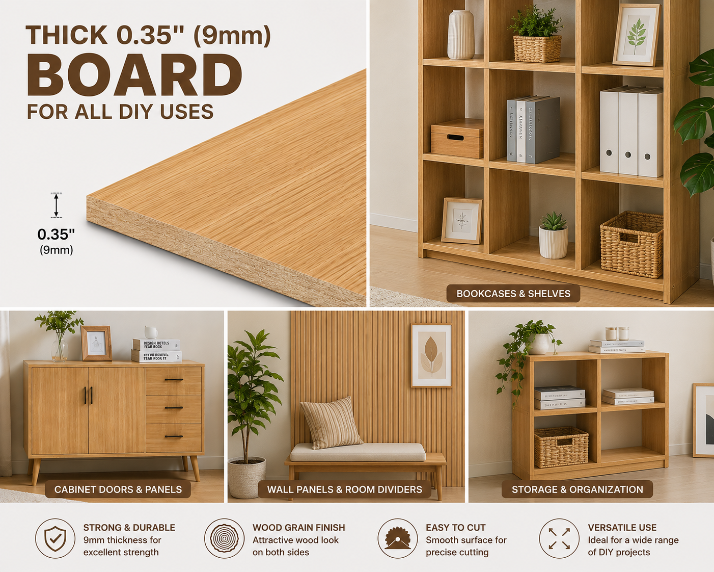 9mm (0.35") MDF Wood Panels with Double-Sided Wood Grain Melamine Finish – Choose Size – Textured Laminated Board for Shelving, Wall Panels, Partitions, Cabinets & DIY Projects