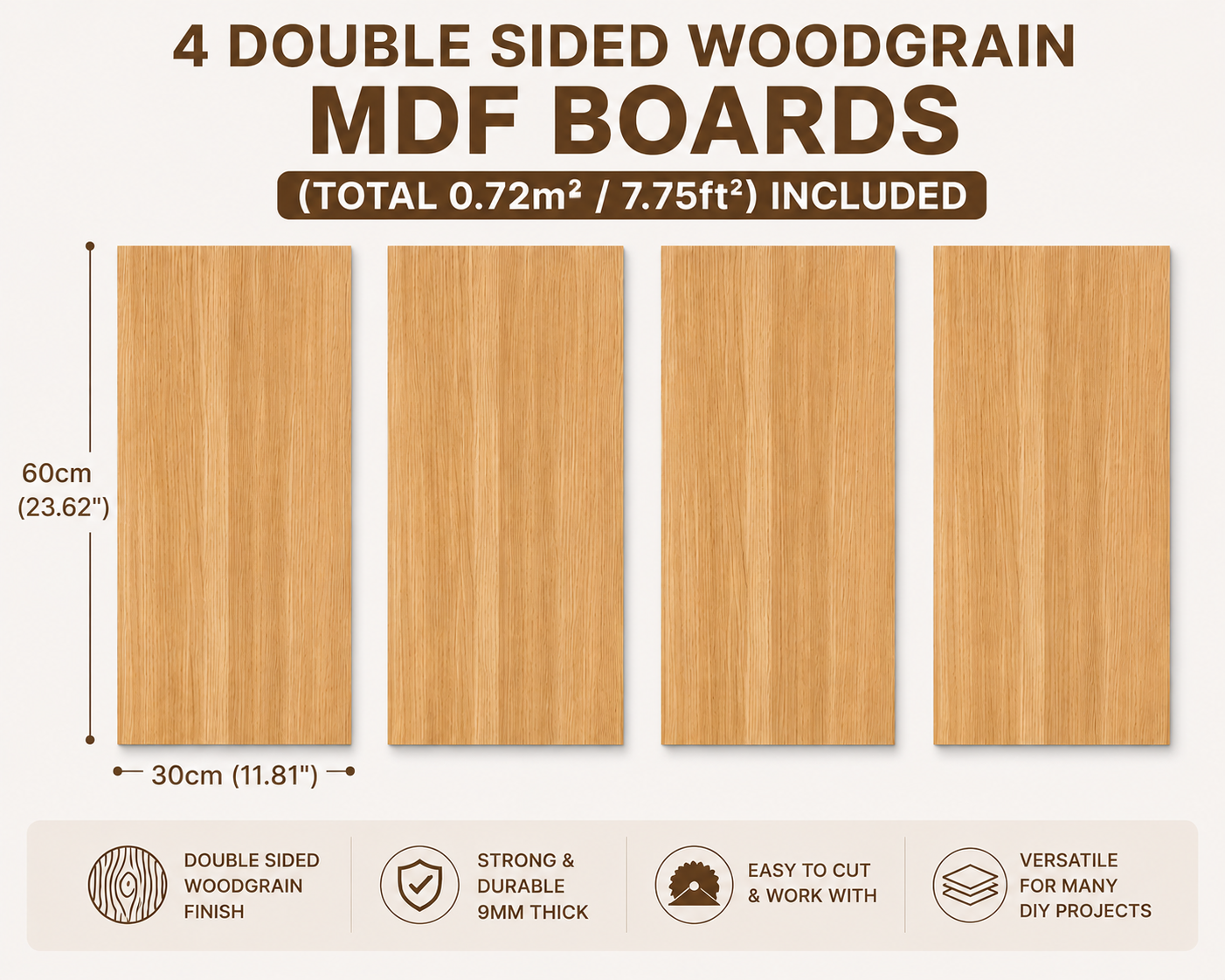 9mm (0.35") MDF Wood Panels with Double-Sided Wood Grain Melamine Finish – Choose Size – Textured Laminated Board for Shelving, Wall Panels, Partitions, Cabinets & DIY Projects