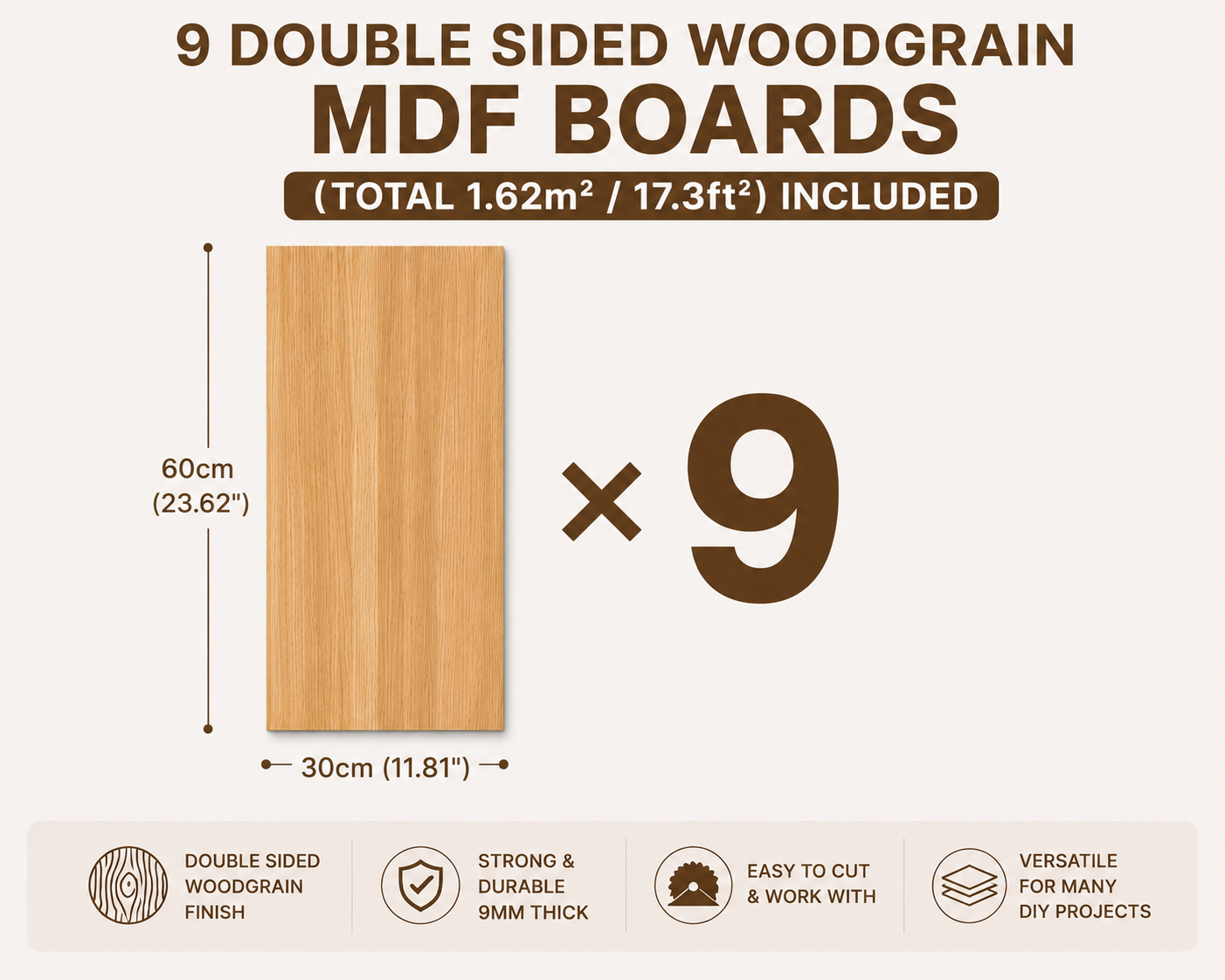 9mm (0.35") MDF Wood Panels with Double-Sided Wood Grain Melamine Finish – Choose Size – Textured Laminated Board for Shelving, Wall Panels, Partitions, Cabinets & DIY Projects