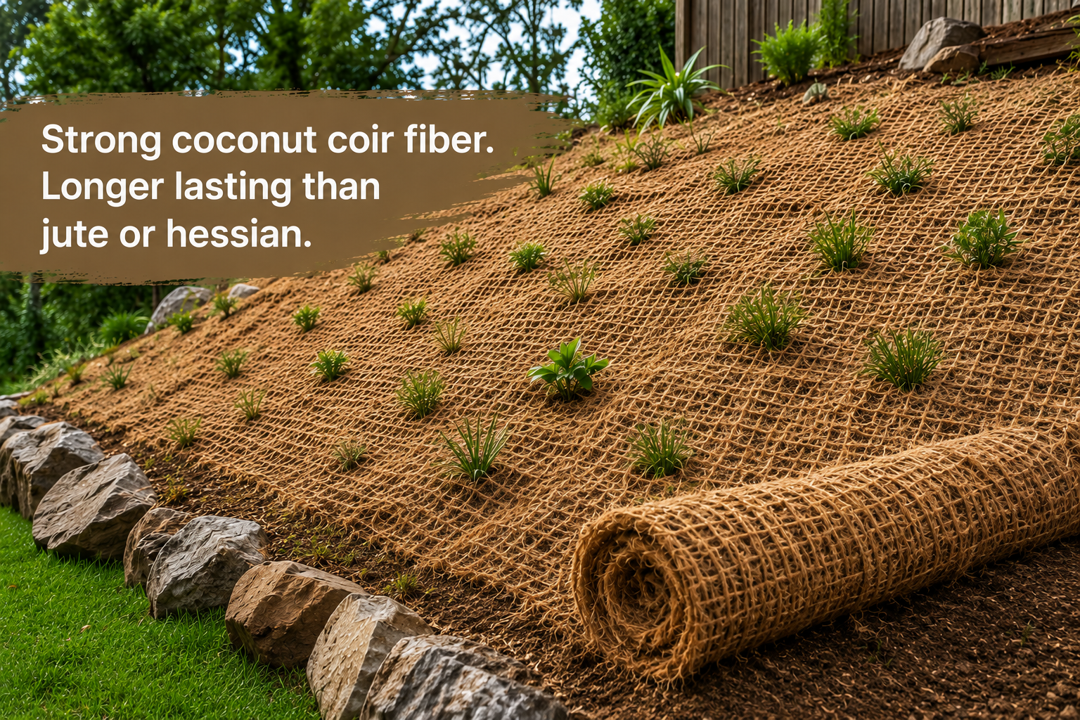 Coir Netting Mat 65ft x 39in Rolls, Stronger Than Jute/Hessian Stop Soil Erosion on Hills, Riverbanks & Garden - Longer Lasting Coconut Fiber 3-5 Years