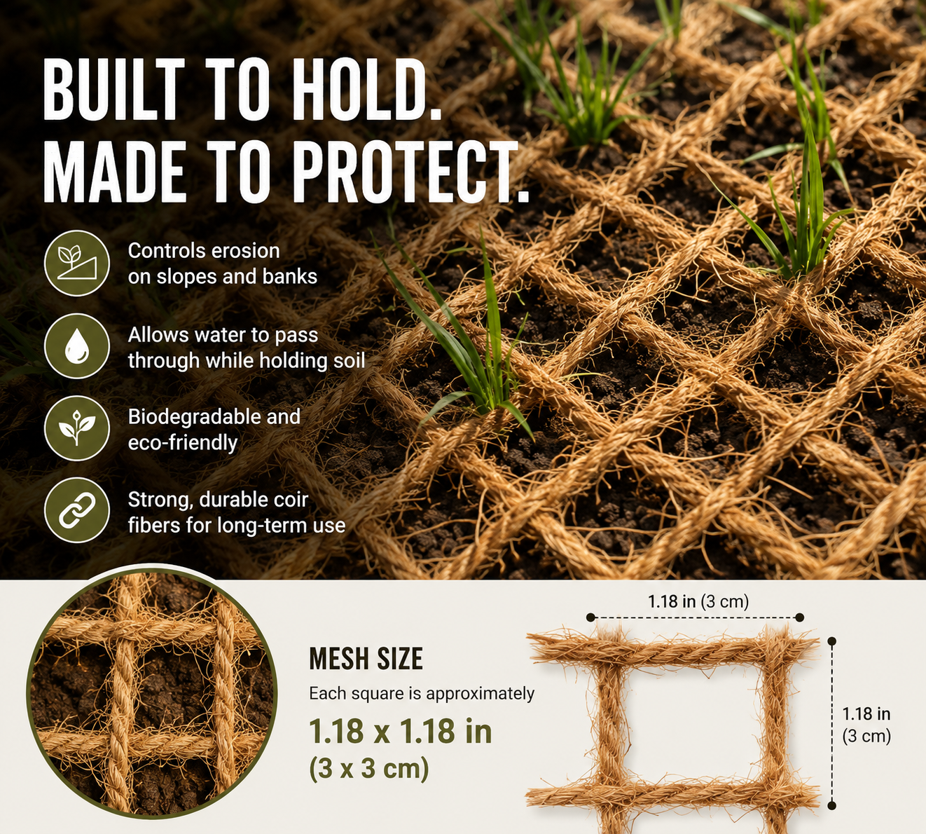 Coir Netting Mat 65ft x 39in Rolls, Stronger Than Jute/Hessian Stop Soil Erosion on Hills, Riverbanks & Garden - Longer Lasting Coconut Fiber 3-5 Years