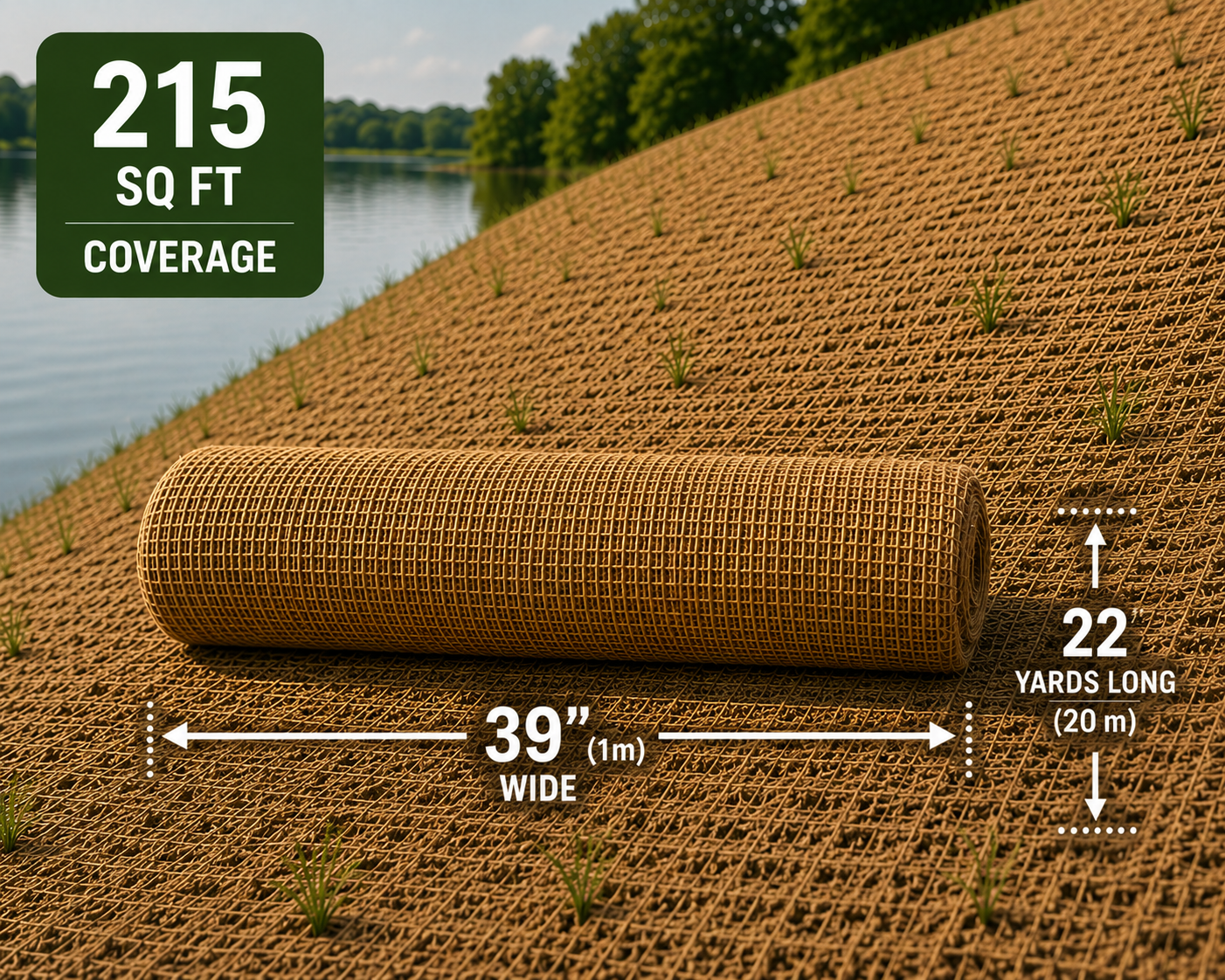 Coir Netting Mat 65ft x 39in Rolls, Stronger Than Jute/Hessian Stop Soil Erosion on Hills, Riverbanks & Garden - Longer Lasting Coconut Fiber 3-5 Years