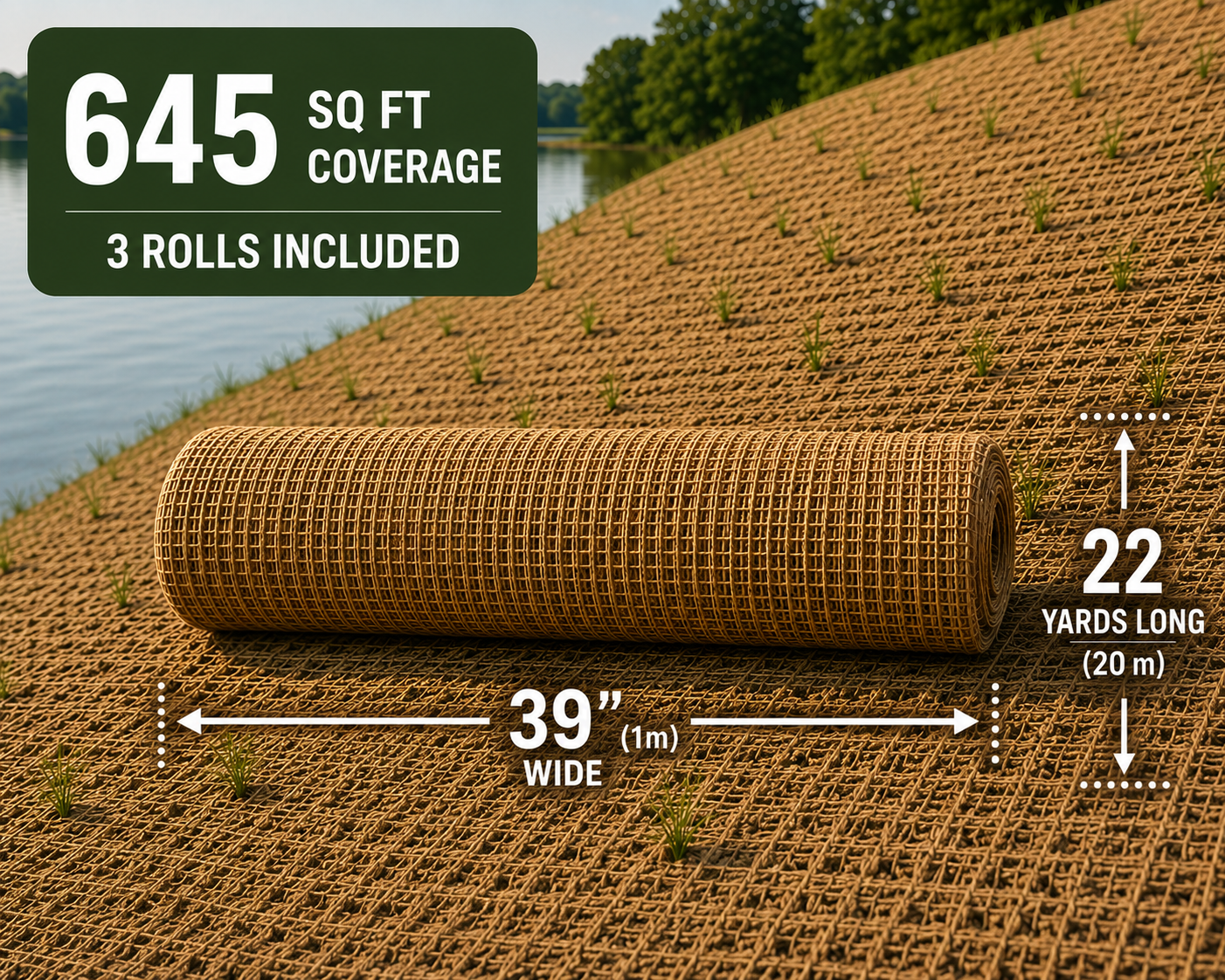 Coir Netting Mat 65ft x 39in Rolls, Stronger Than Jute/Hessian Stop Soil Erosion on Hills, Riverbanks & Garden - Longer Lasting Coconut Fiber 3-5 Years