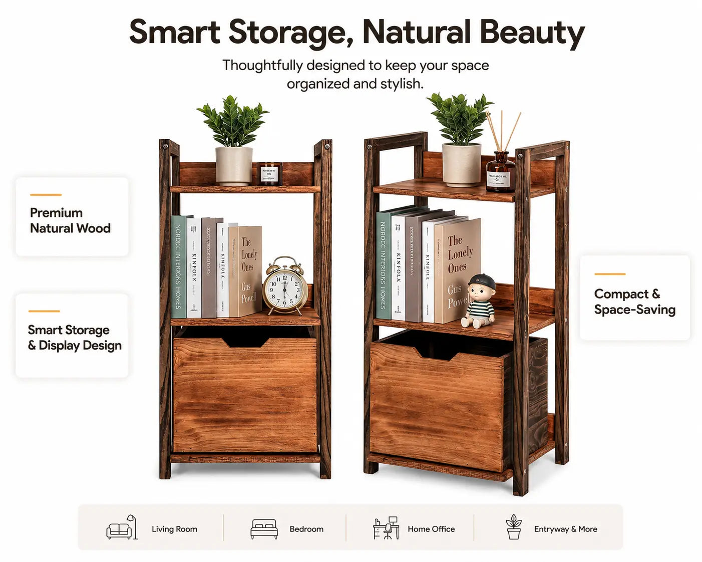 Pine Bookshelf with Storage, Pine Wood Display Shelf for Books, Plants & Decor, Space-Saving Storage Organizer for Living Room, Bedroom & Office, 31.1 x 15.7 x 10.6 in (79 x 40 x 27 cm) Kikbo