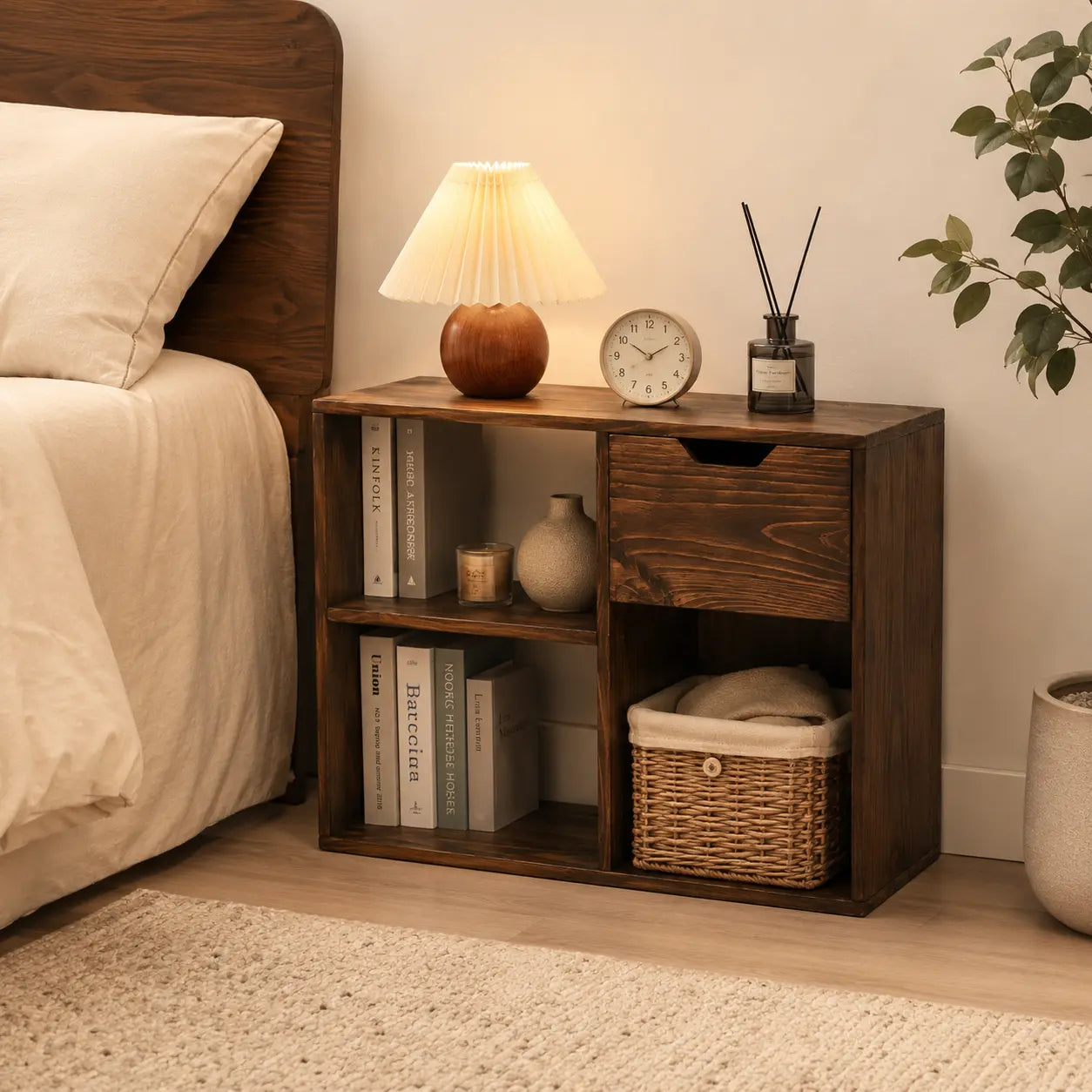 Japanese Style Wooden Bookshelf & Bedside Table with Storage, Solid Pine Wood Decorative Shelf, Multi-Tier Organizer 23.6 x 11.8 x 20.9 in (60 x 30 x 53 cm) Kikbo
