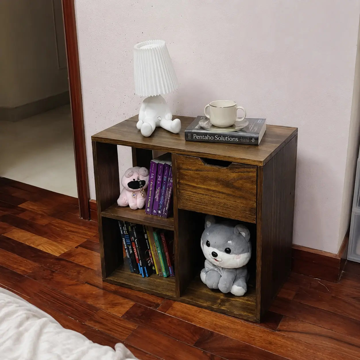 Japanese Style Wooden Bookshelf & Bedside Table with Storage, Solid Pine Wood Decorative Shelf, Multi-Tier Organizer 23.6 x 11.8 x 20.9 in (60 x 30 x 53 cm) Kikbo