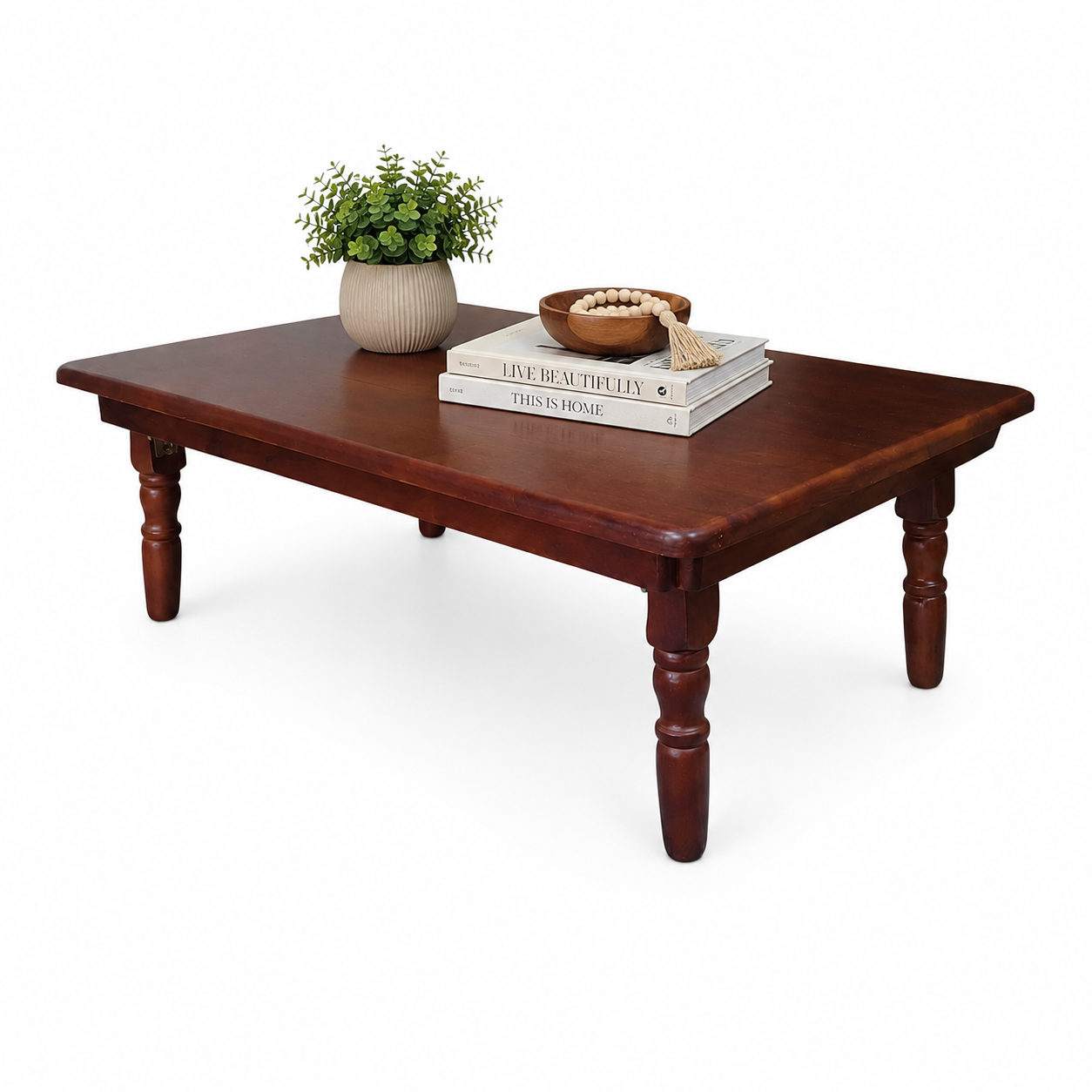 Real Wood Folding Coffee Table – 27.5" x 19.7" x 11.0" (70x50x28cm) Natural Rubberwood Low Table Elegant Legs, Space-Saving Foldable Design for Living Room, Study & Floor Seating (Walnut Brown)