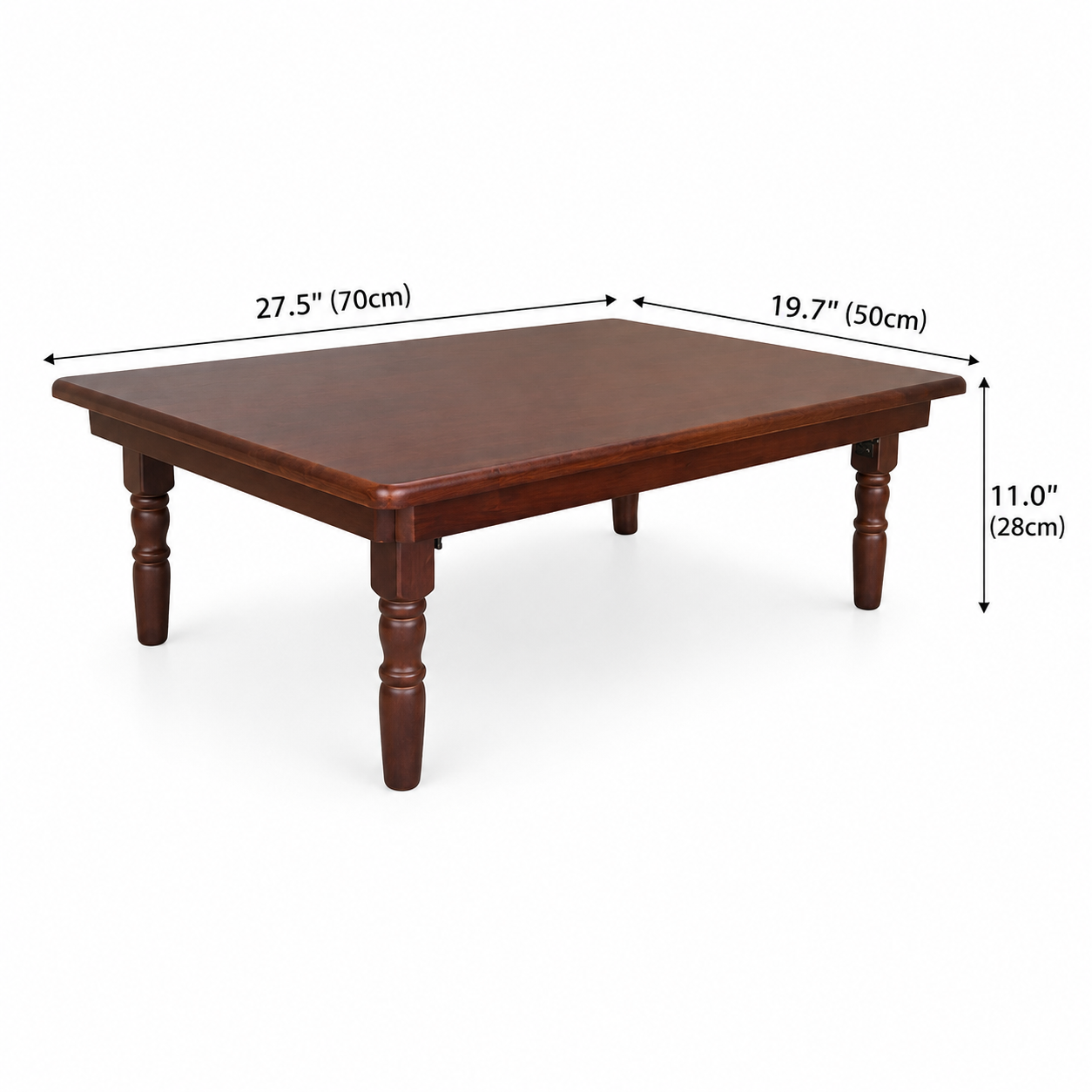 Real Wood Folding Coffee Table – 27.5" x 19.7" x 11.0" (70x50x28cm) Natural Rubberwood Low Table Elegant Legs, Space-Saving Foldable Design for Living Room, Study & Floor Seating (Walnut Brown)