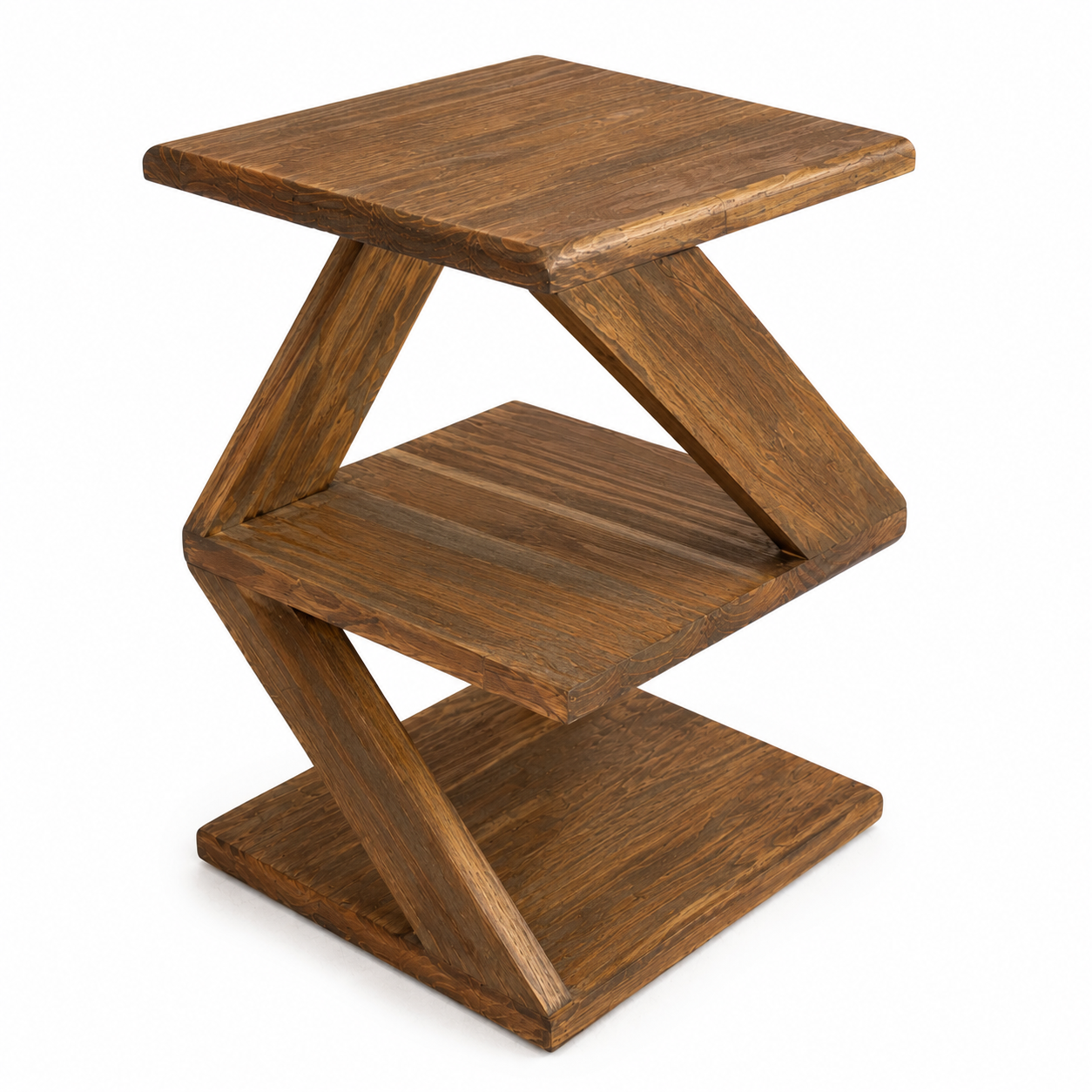 Z Shaped Solid Wood Side Table, 19.7" H x 11.8" W x 11.8" D (50 x 30 x 30 cm), Fully Assembled End Table for Sofa or Bed, Nightstand with Shelf, Walnut Finish