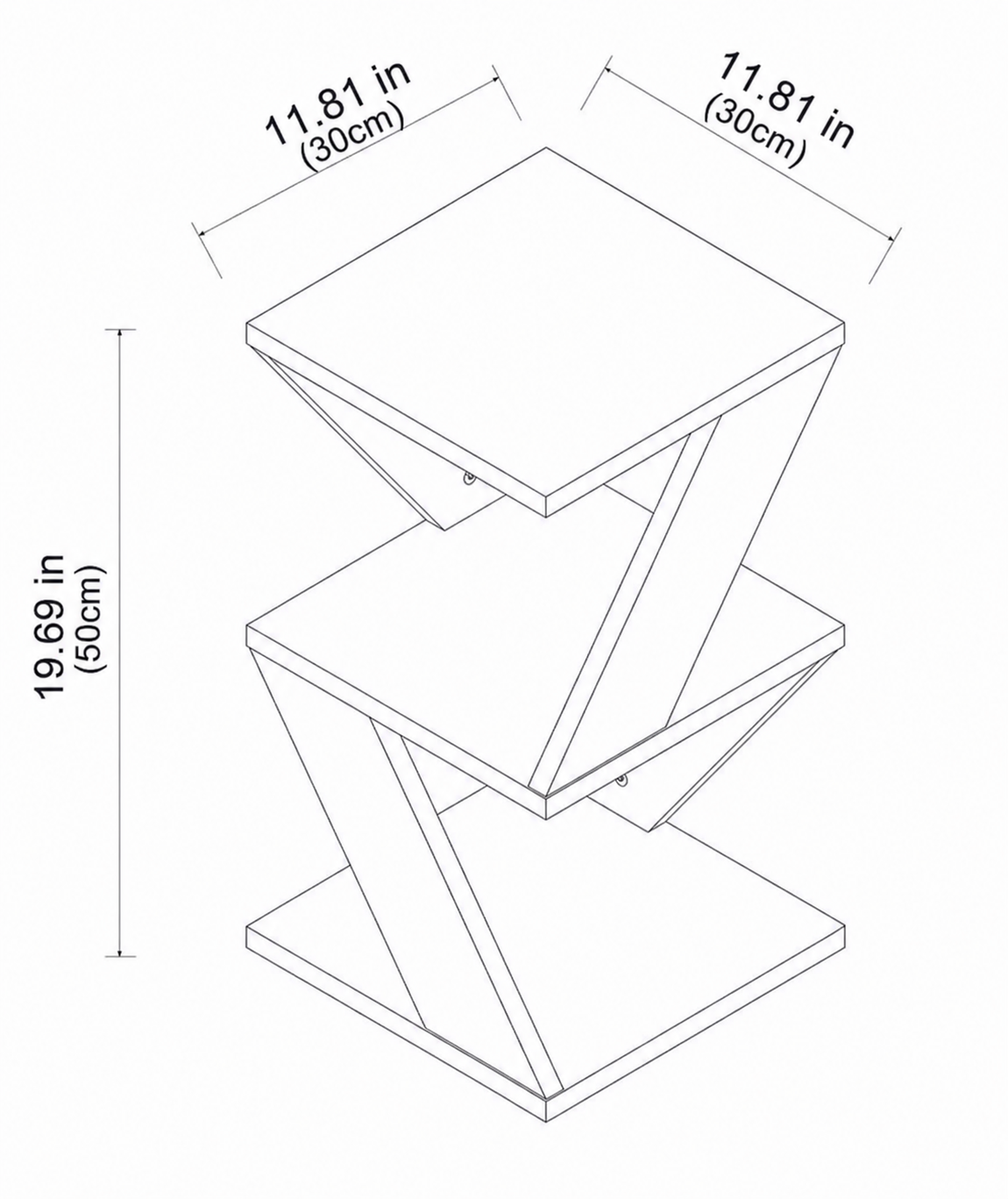 Z Shaped Solid Wood Side Table, 19.7" H x 11.8" W x 11.8" D (50 x 30 x 30 cm), Fully Assembled End Table for Sofa or Bed, Nightstand with Shelf, Walnut Finish