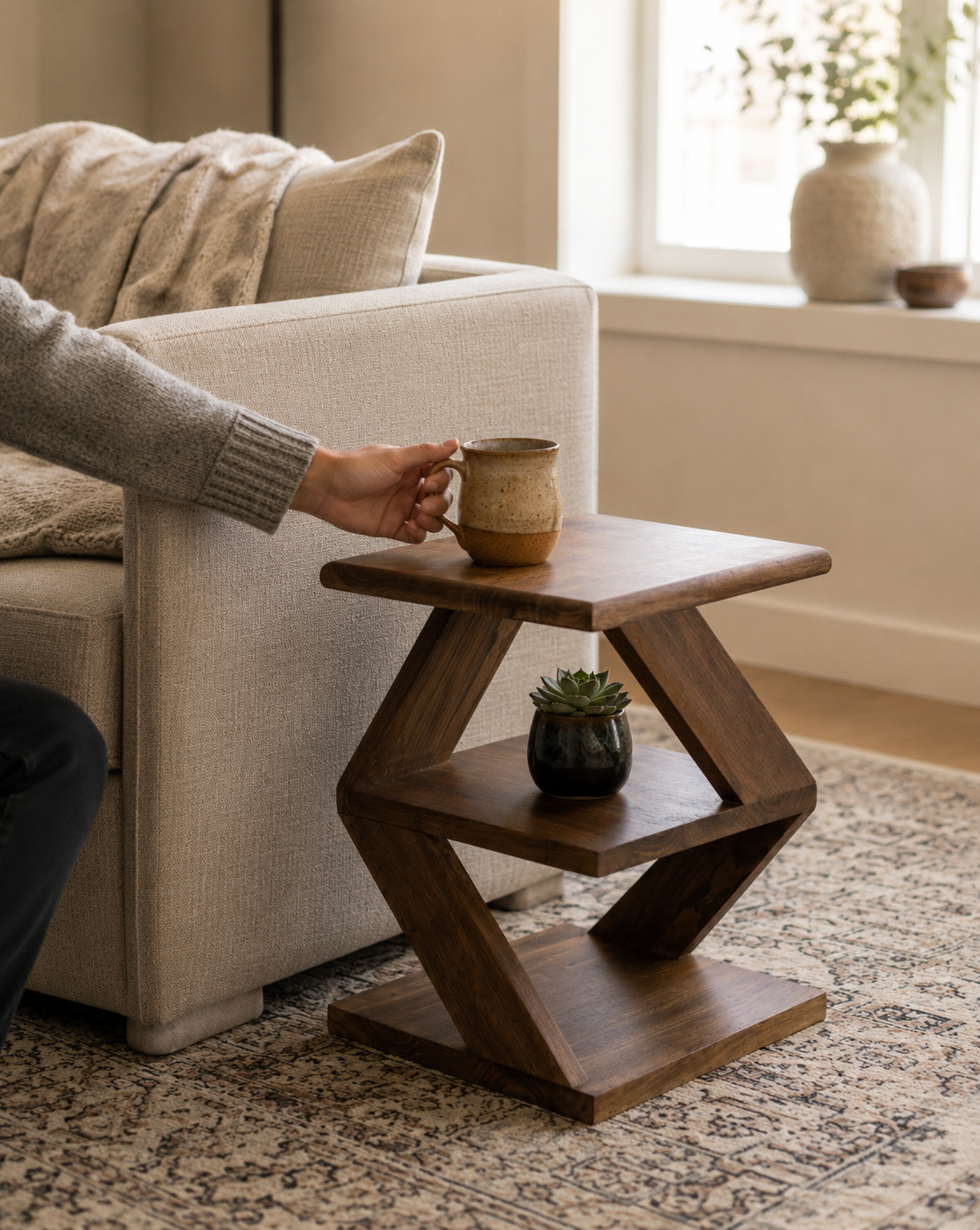 Z Shaped Solid Wood Side Table, 19.7" H x 11.8" W x 11.8" D (50 x 30 x 30 cm), Fully Assembled End Table for Sofa or Bed, Nightstand with Shelf, Walnut Finish