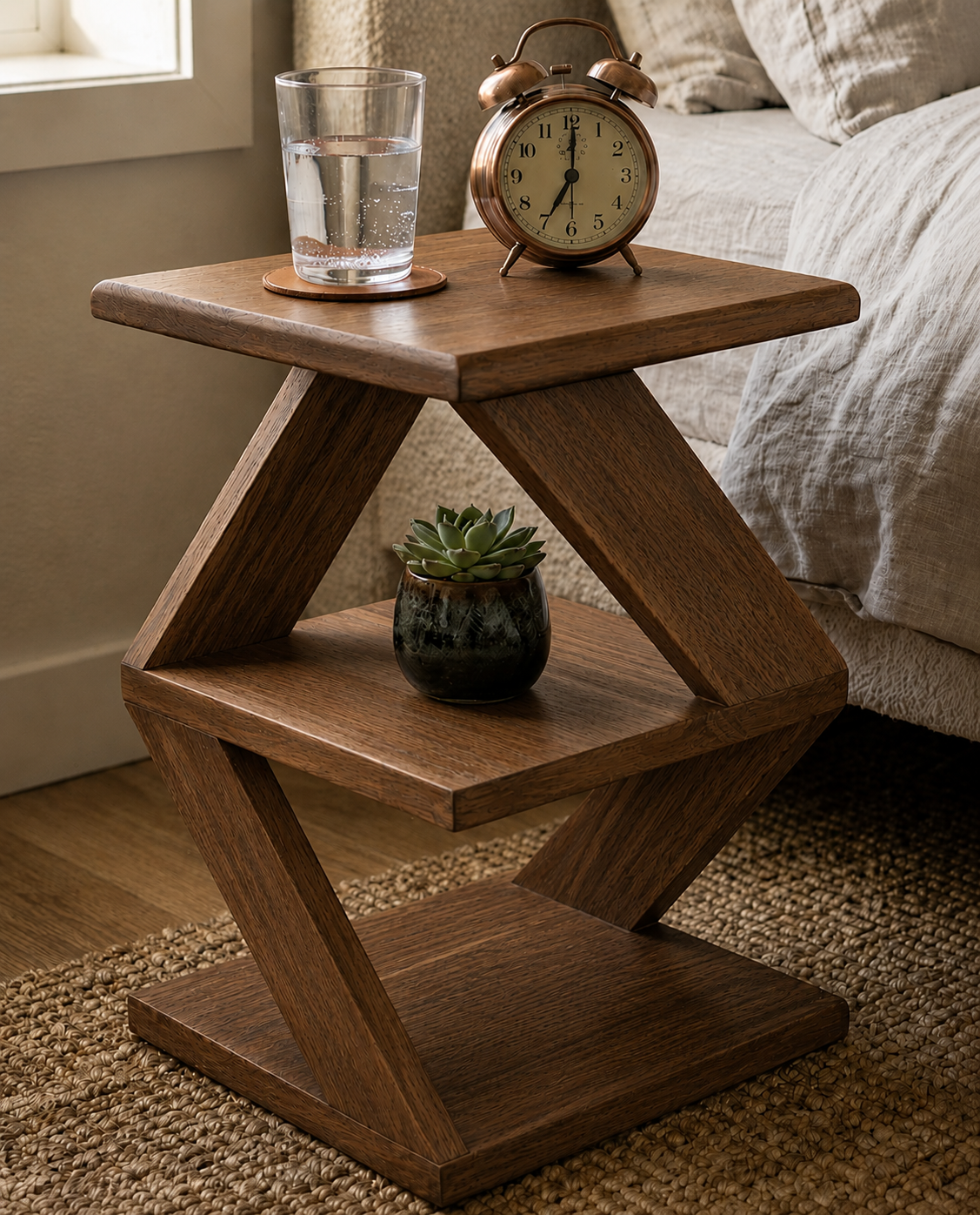 Z Shaped Solid Wood Side Table, 19.7" H x 11.8" W x 11.8" D (50 x 30 x 30 cm), Fully Assembled End Table for Sofa or Bed, Nightstand with Shelf, Walnut Finish