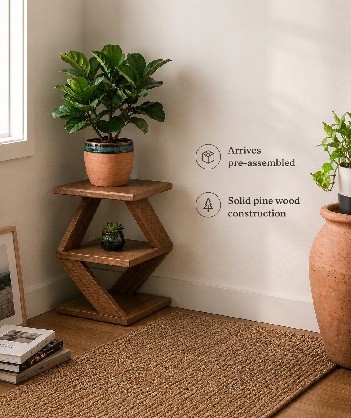 Z Shaped Solid Wood Side Table, 19.7" H x 11.8" W x 11.8" D (50 x 30 x 30 cm), Fully Assembled End Table for Sofa or Bed, Nightstand with Shelf, Walnut Finish