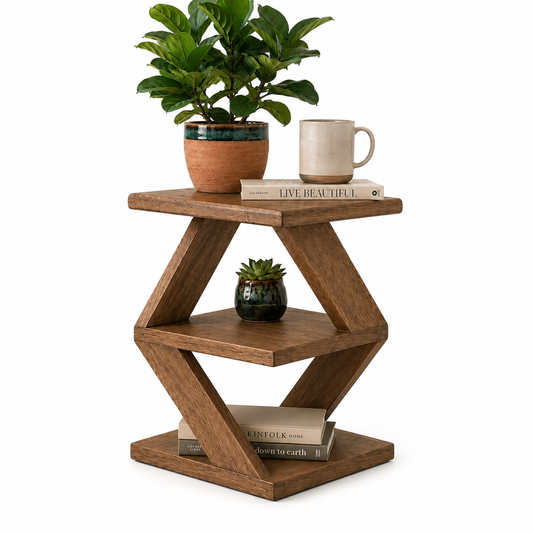 Z Shaped Solid Wood Side Table, 19.7" H x 11.8" W x 11.8" D (50 x 30 x 30 cm), Fully Assembled End Table for Sofa or Bed, Nightstand with Shelf, Walnut Finish
