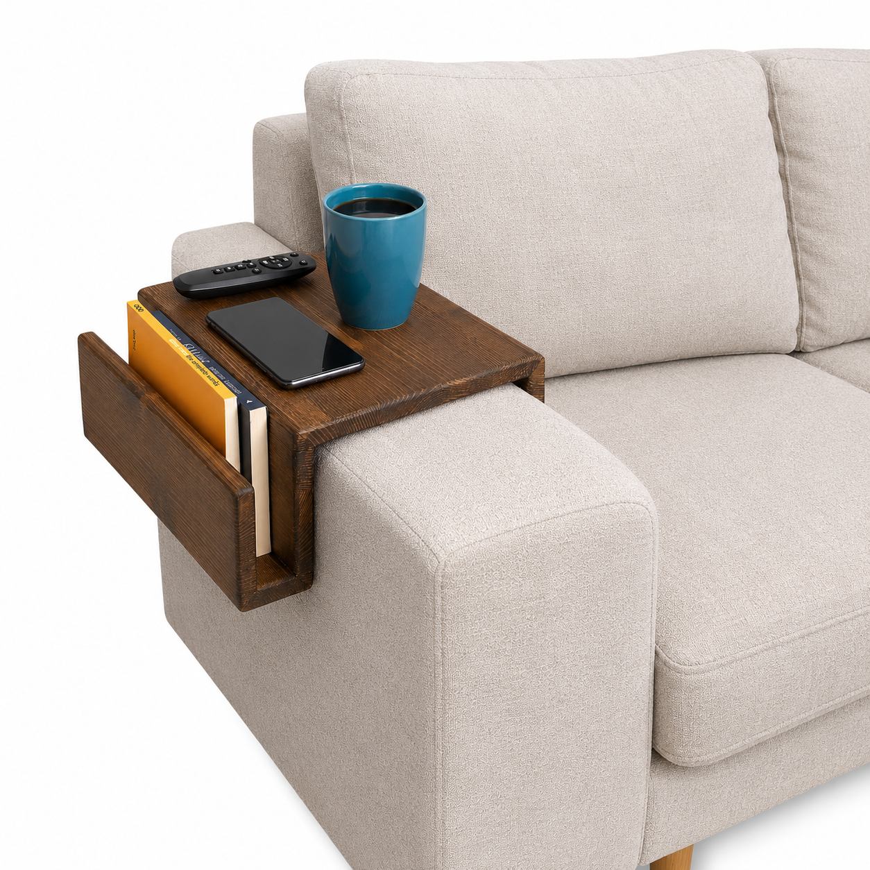 Wooden Sofa Armrest Mini Table & Storage Couch Arm Tray Side with Book or Remote Control Holder, Solid Pine for Living Room - Walnut Brown 5.5" (14 cm) Armrest