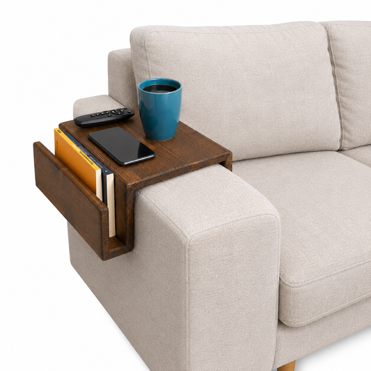 Wooden Sofa Armrest Mini Table & Storage Couch Arm Tray Side with Book or Remote Control Holder, Solid Pine for Living Room - Walnut Brown 5.5" (14 cm) Armrest