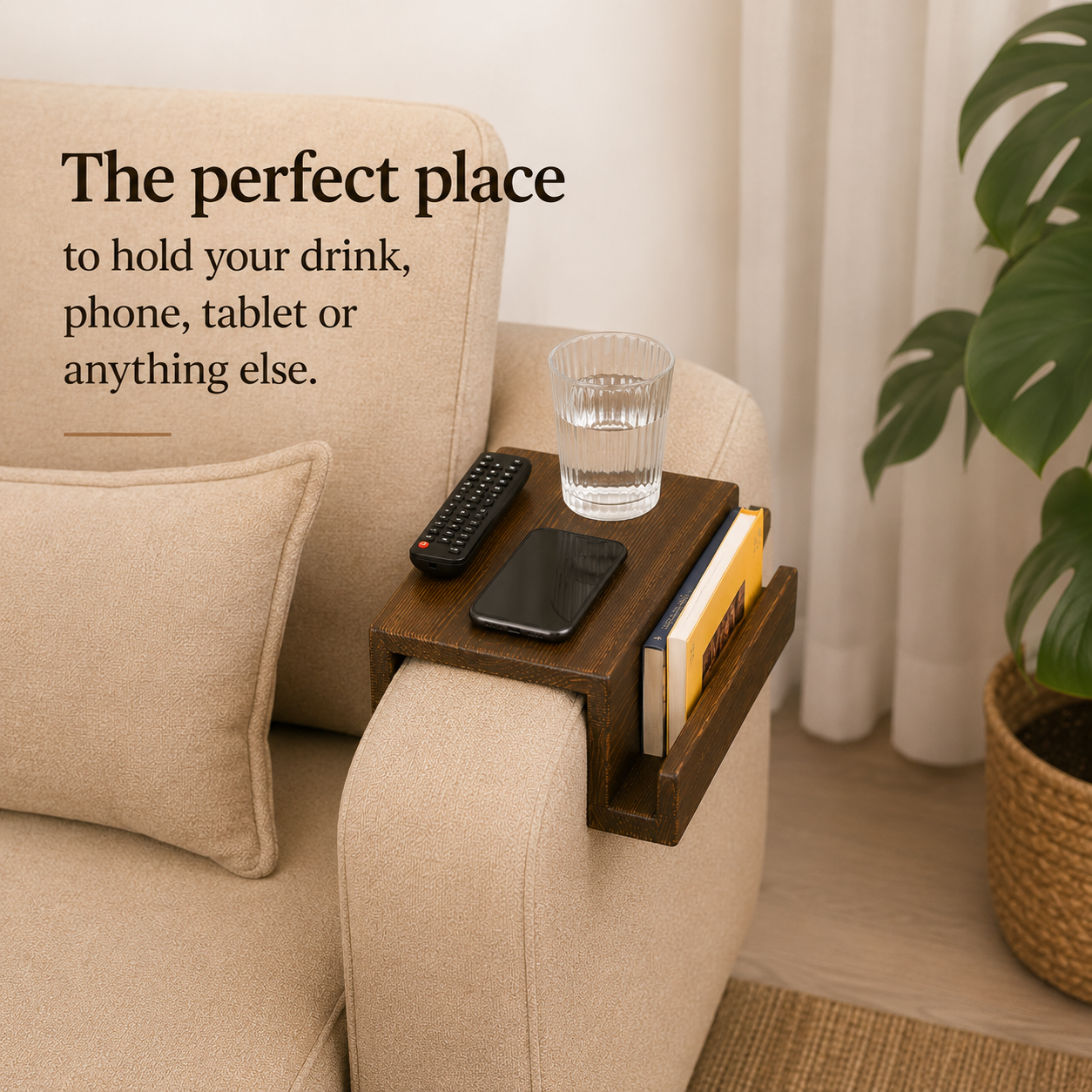 Wooden Sofa Armrest Mini Table & Storage Couch Arm Tray Side with Book or Remote Control Holder, Solid Pine for Living Room - Walnut Brown 5.5" (14 cm) Armrest
