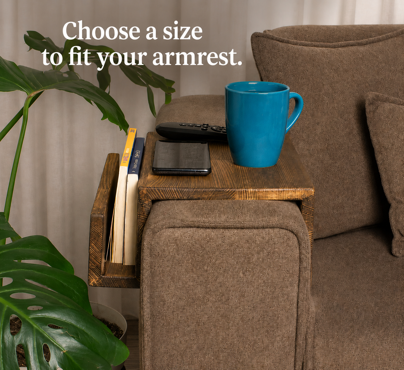 Wooden Sofa Armrest Mini Table & Storage Couch Arm Tray Side with Book or Remote Control Holder, Solid Pine for Living Room - Walnut Brown 5.5" (14 cm) Armrest